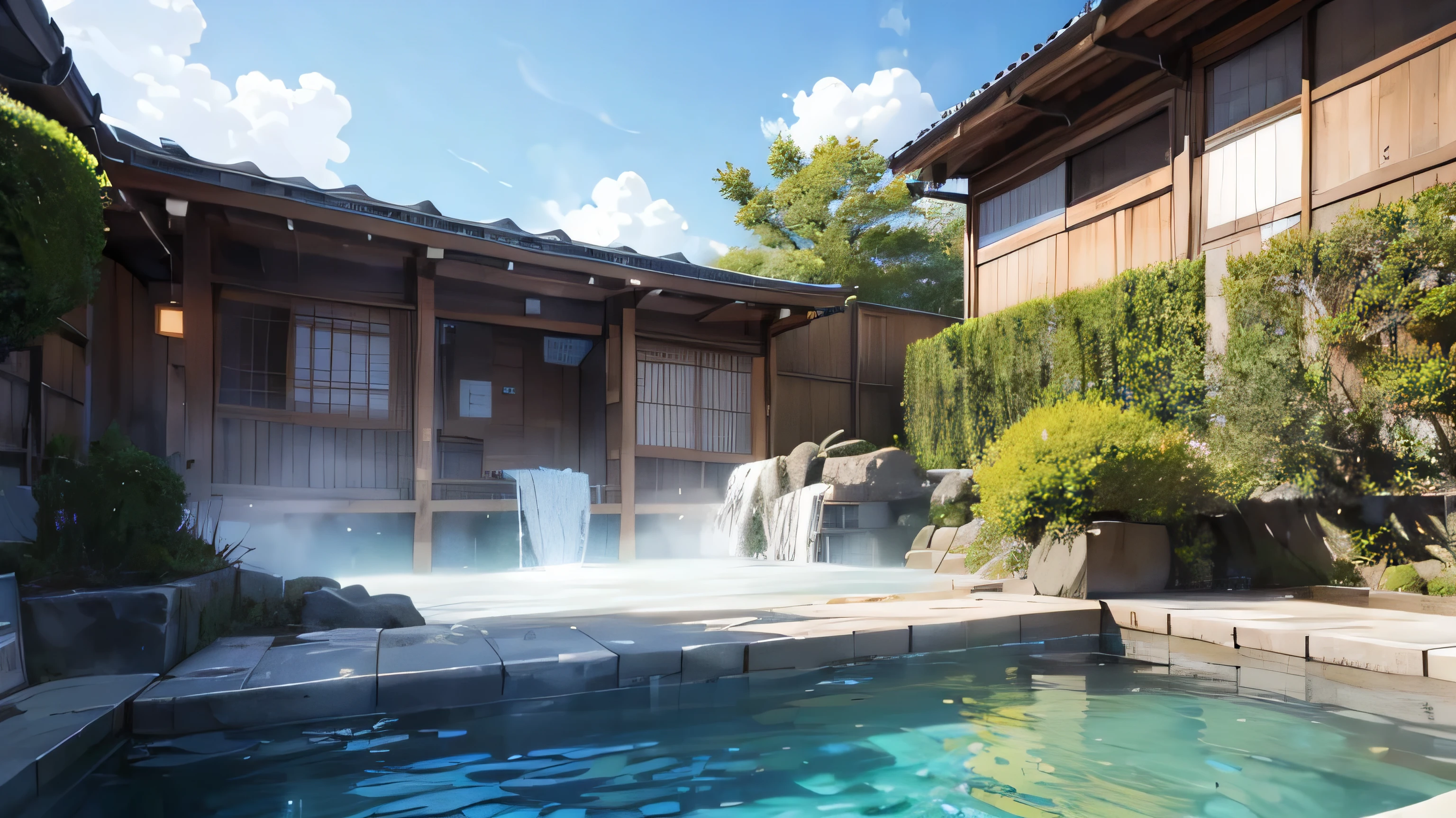 japanese hot springs, steam, onsen, blue sky