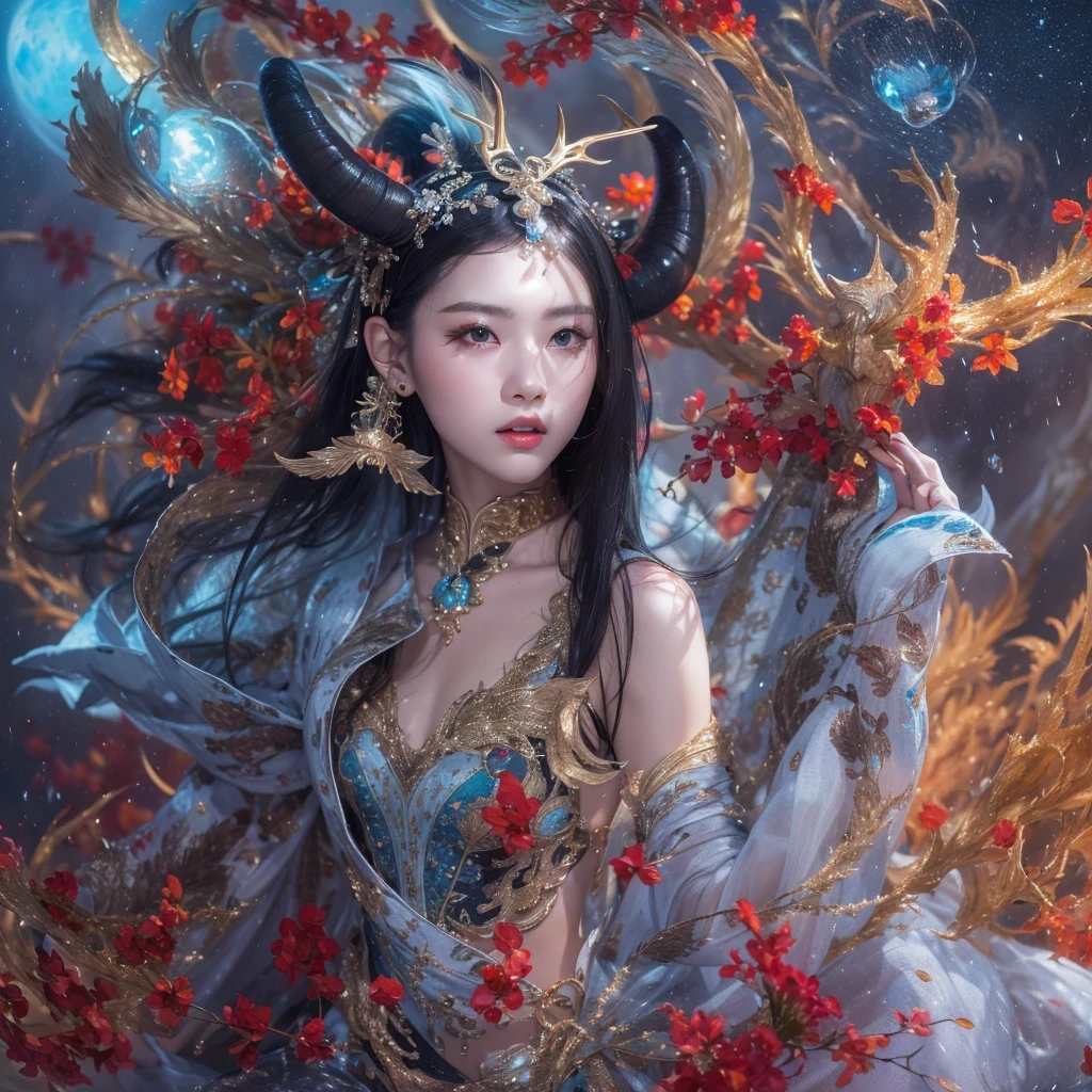antlersFeitian Nine Tails Light Blue Celestial Master Flame Long Haired Fox Star,novel,Torch Night Black Gold Orange Snake Print Silk Trousers,Rouge Diamond Tulle Sheer Lizard Print,Fat girl flying in space in the snow 1:900 miniatures,Front view,pure transparency,put on boxing gloves,Wear gold-framed reflective sunglasses,Panoramic super wide angle,very happy,Authentic and delicate texture,Strong visual impact,Super detailed,dream girl,delicate face型,beautiful eyes,Hair floating in the air, Cherry style,Zhou Xiaotong,antlers,crystal clear,Good sense of perspective,Light and shadow effects,16K smooth,surface reflected light,flowing black hair,Water Goddess 32K,complicated,grace,Very detailed,magnificent,digital photography,Autumn Cowboy Shooting,Surrealism,broken ruby,defeat magic,Water magic entanglement,(masterpiece,movie lighting,beautiful eyes:1.2),high dynamic range,void 5 energy storm,(china 1 girl,black eyes:1.5),rouge skin,glowing skin,(sit on stone:1.5),delicate face,black hair,Put on gorgeous golden armor,take off shoulders,,short skirt,beautiful golden armor,it'It's raining,beautiful big breasts,looking at the audience,Turn your back to the camera,masterpiece,side,side portrait close-up