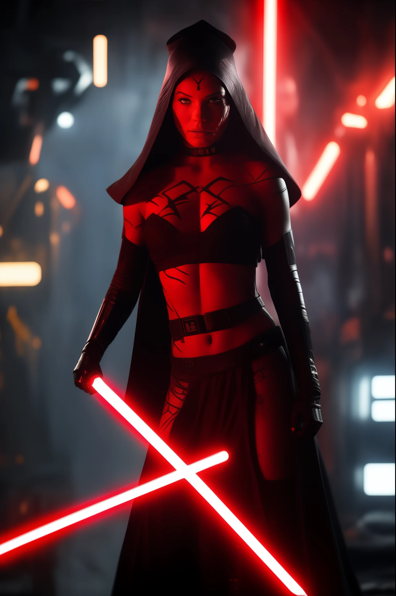 A girl, Sith Lord, red skin, fit body, sexy body, holding one red light saber in her hand, wearing a black crop top with a hood, underboob, black skirt, darth talon:0.8, at the starship, Star Wars, j j abrams, photorealistic, sharp focus, depth of field, vogue magazine, fashion photo, cinematic lighting, rim light, cozy:1.2, neon