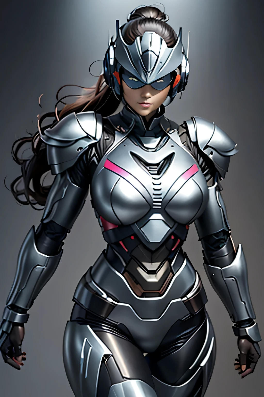 female robocop solo、Armor that completely covers the whole body、very large armor、helmet to hide eyes、rainbow armor、Armor that completely covers the chest、thin and long legs、Vibrant posel body view