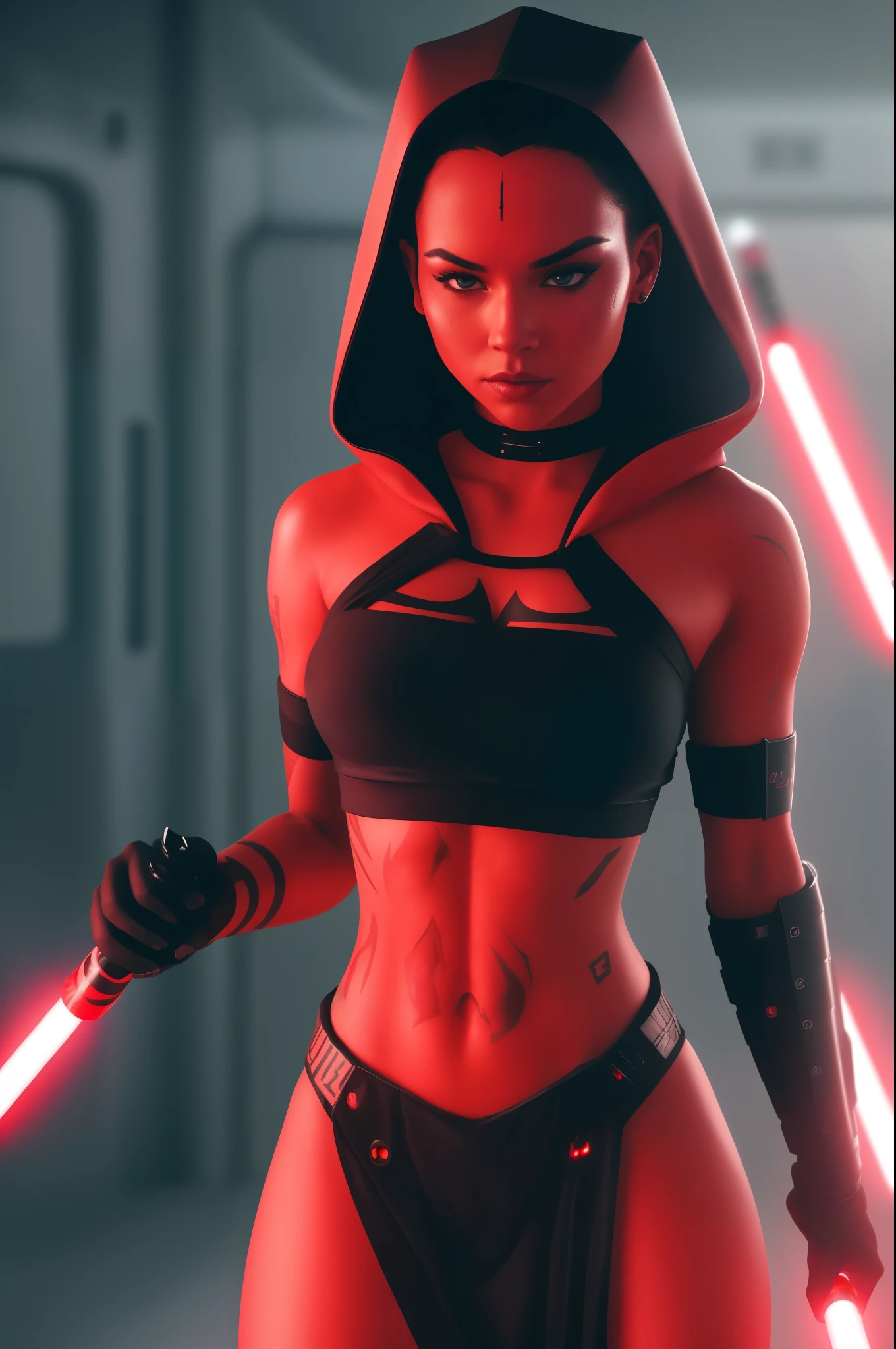 A girl, Sith Lord, red skin, fit body, sexy body, holding one red light saber in her hand, wearing a black crop top with a hood, underboob, black skirt, darth talon:0.8, at the starship, Star Wars, j j abrams, photorealistic, sharp focus, depth of field, vogue magazine, fashion photo, cinematic lighting, rim light, cozy:1.2, neon