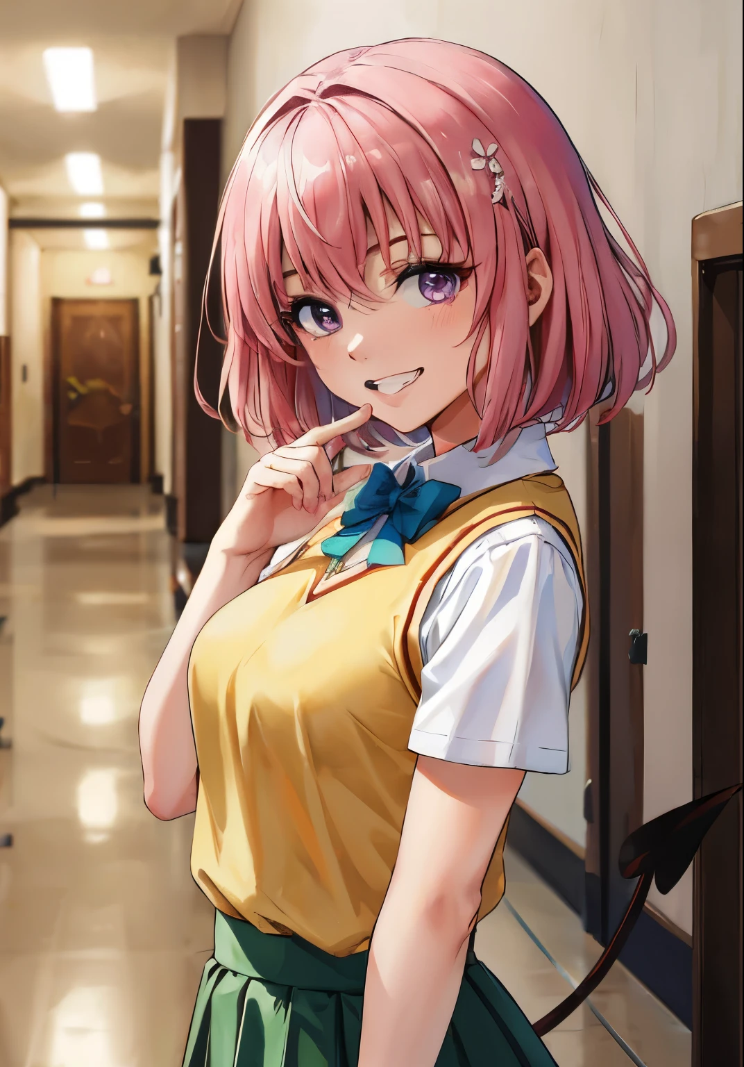 to love ro, momo deviluke, Anime girl with pink hair and green skirt posing in the hallway, Anime-Moe-Kunststil, Anime visual of a cute girl, glatte Anime-CG-Kunst, sayori, beste Anime 4k Konachan Wallpaper, beautiful anime high school girl, Visual Novel cg, seductive anime girl, mit Zeigefinger, young anime girl, ein hyperrealistischer , doki doki Literaturclub