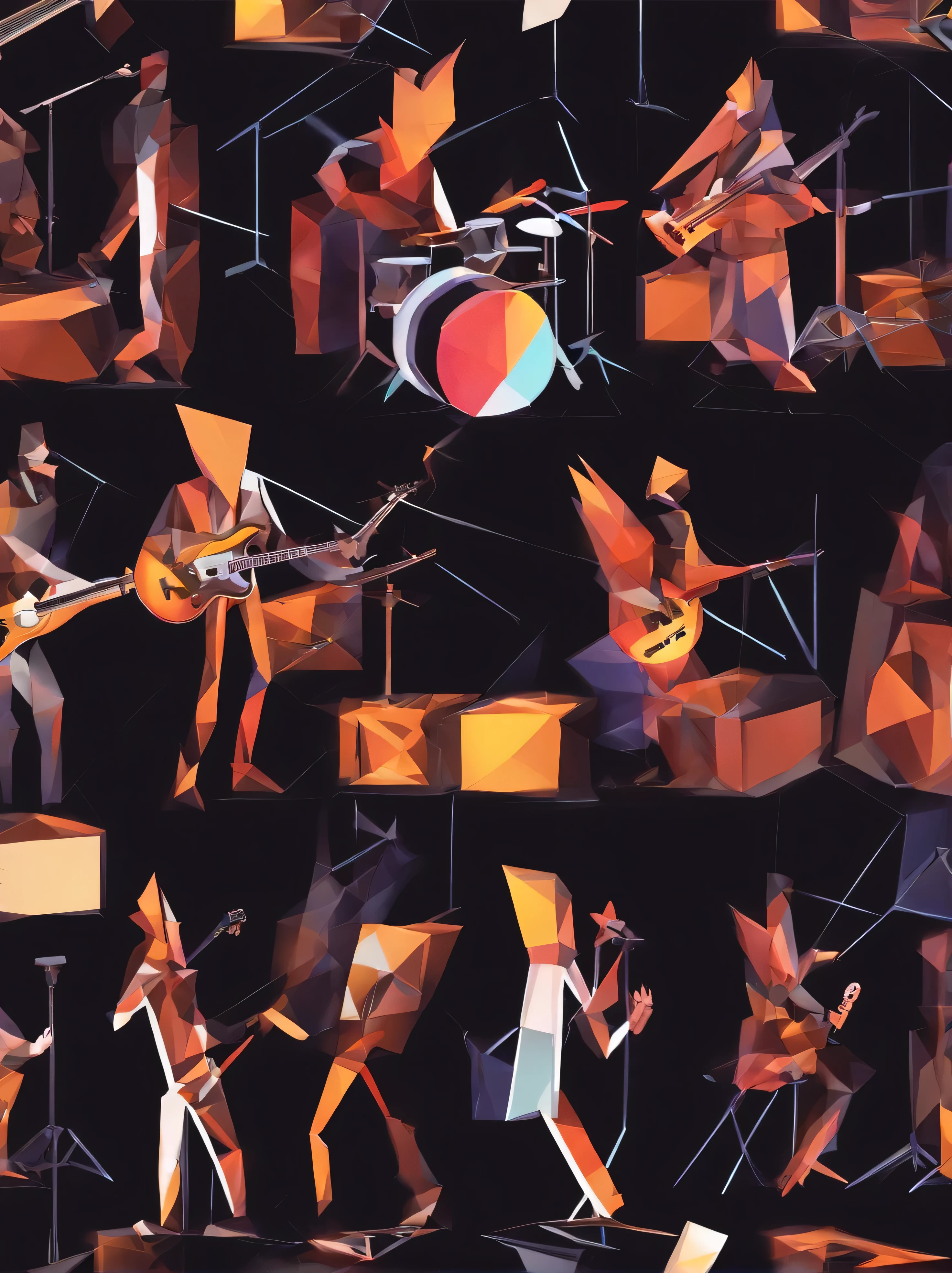 groupe de rock avec guitare, piano, batterie et basse, feu, fond noir