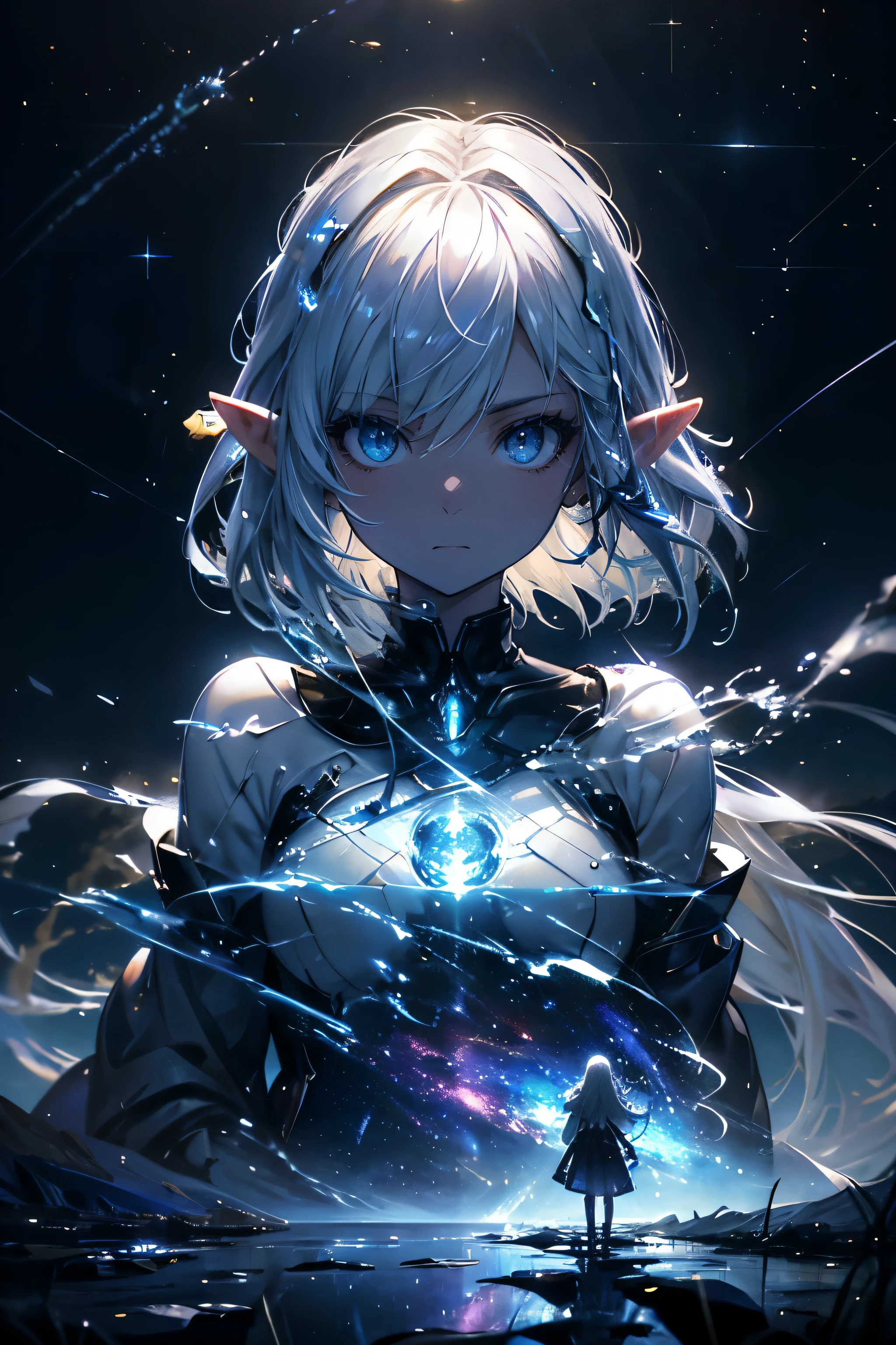 1 elf girl, eye,detailed eyes, detailed face, close up, beautiful night sky, meteor shower, beyond the clouds, water surrounded, reflections, wide angels, breathtaking clouds, wide angle, by makoto shinkai, thomas kinkade, james gilleard, by holosomnialandscape, hdr, volumetric lighting, ray tracing, an intricate, high details, very detailed, deviantart, 4k vertical wallpaper,, colorful, airy, anime illustration, anime nature wallpaper