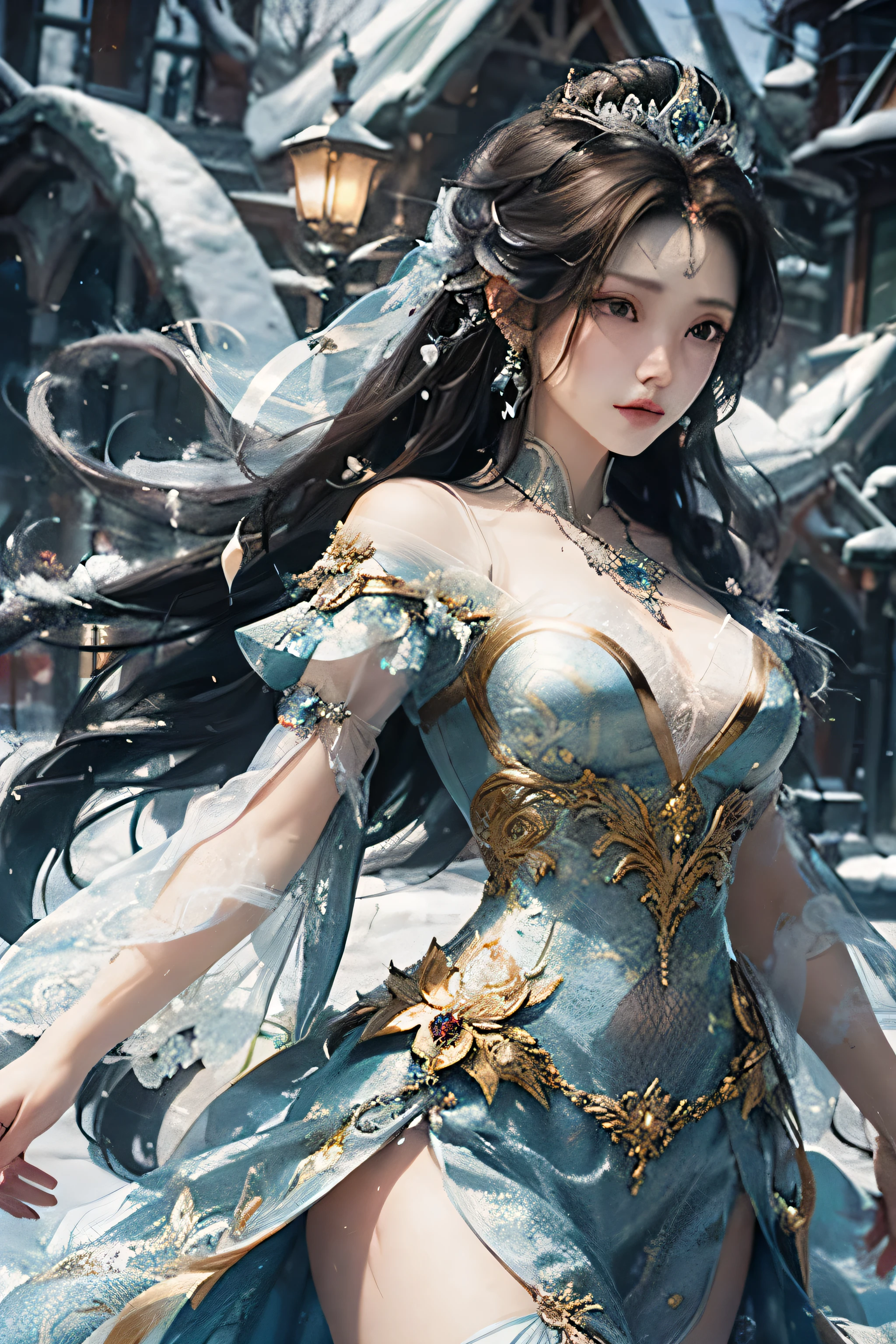 There was a woman dressed in blue,Wearing a necklace, ((beautiful fantasy queen)), Inspired by Shen Si Zheng, sky blue. fine hair, winter princess, ice princess, Gurwitz-style artwork, 8k)), fantasy aesthetics!, Gurwitz, Frozen queen, 8k high quality detailed art