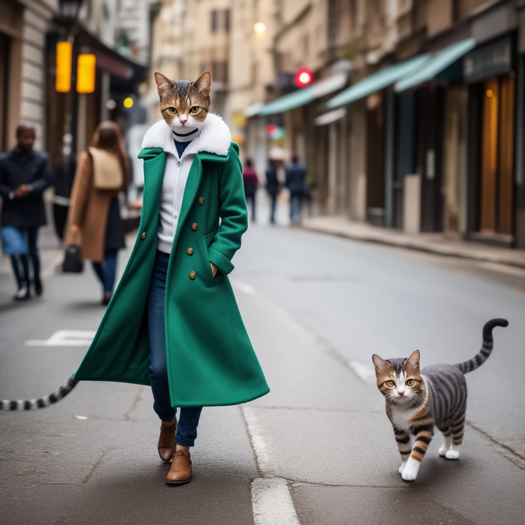 smallest cat ， Super Mini Kitten , the cat is wearing a green coat. Cat is walking down the street drinking coffee Costume , Anthropomorphic , Photoreal . Classic configuration , masterpiece , exquisite , color correction , Amazing visual effects , crazy details , intricate details , sharp focus , hd ,8k,-- Comes with 3 pieces:4-- q 2-- v 5.1