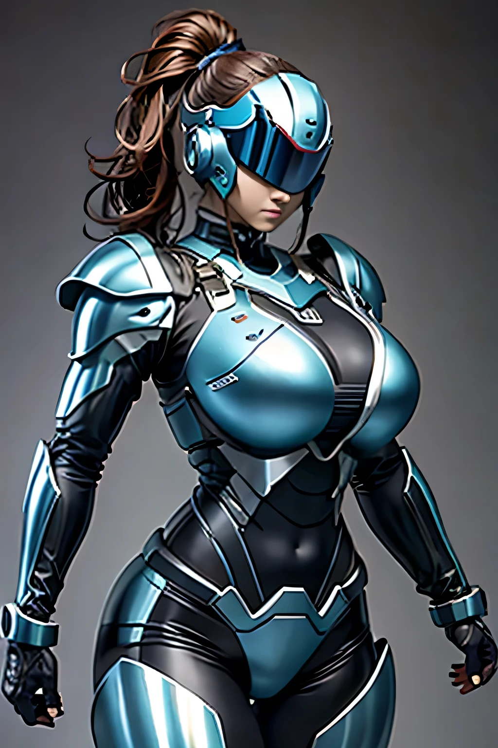 female robocop solo、Armor that completely covers the whole body、very large armor、helmet to hide eyes、metallic sky blue armor、Armor that completely covers the chest、thin and long legs、Vibrant posel body view