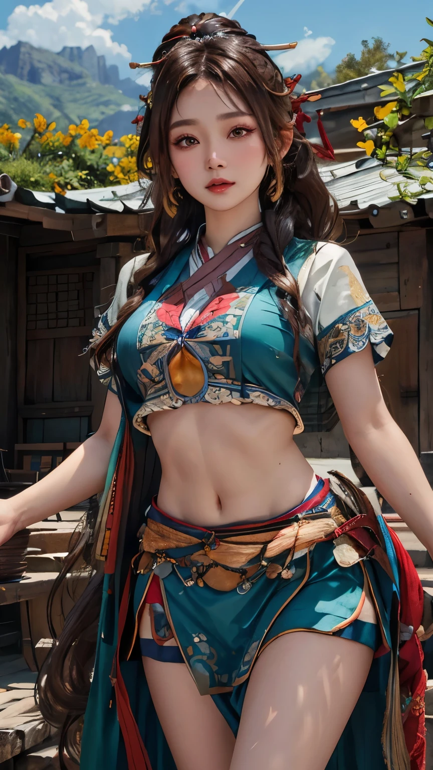 lifelike, realistic，high resolution, soft light,1 female, alone, Shiny skin, (Detailed face), plateau,blue sky,paddy,Extremely detailed,torogao, Green Hmong clothing，The figure is very thin，brown hair，high ponytail，Long curly hair，red headdress，red eyes