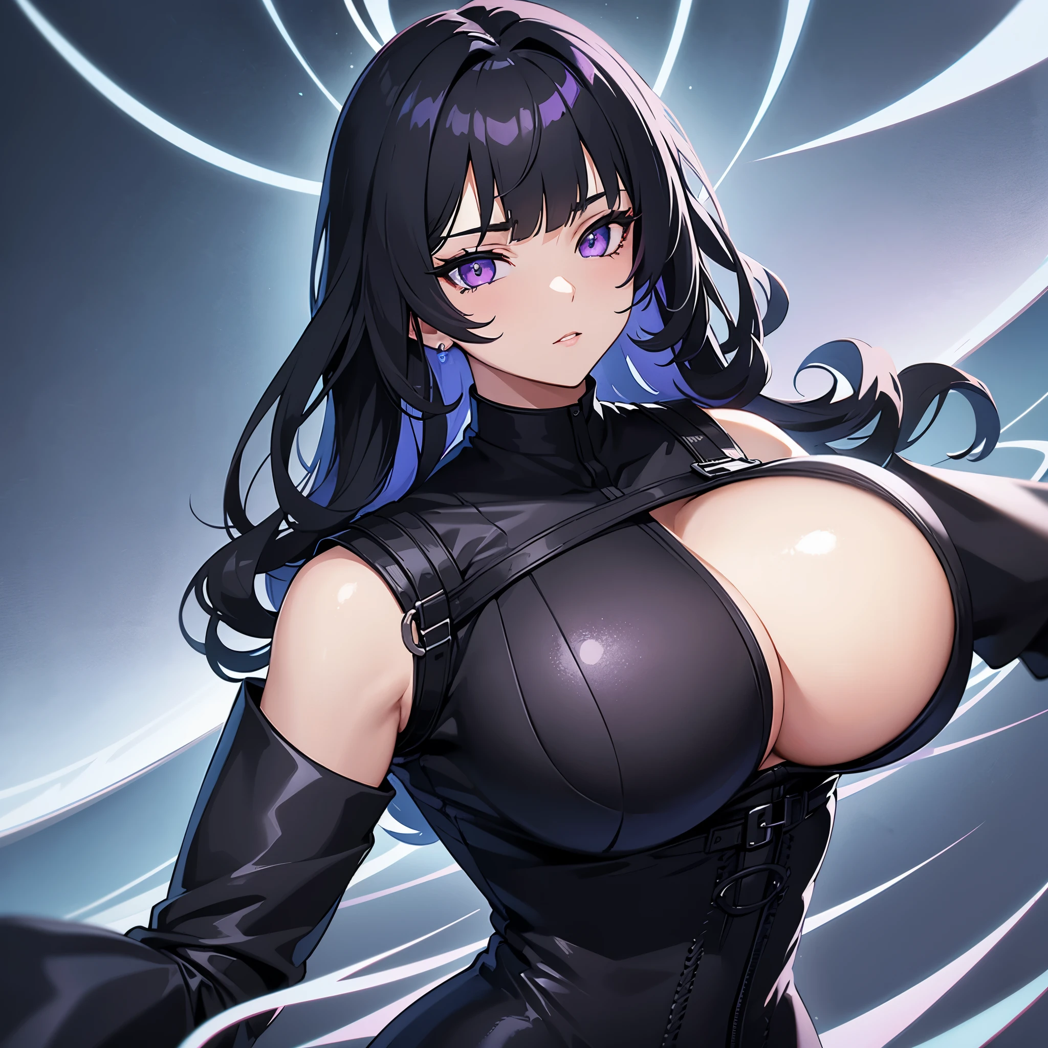 Female. Black hair with a light blue mullet. Front bangs. purple eyes. Sharp eyes. Curly under eyelashes. Big breasts. Tight black clothes. Innocent face