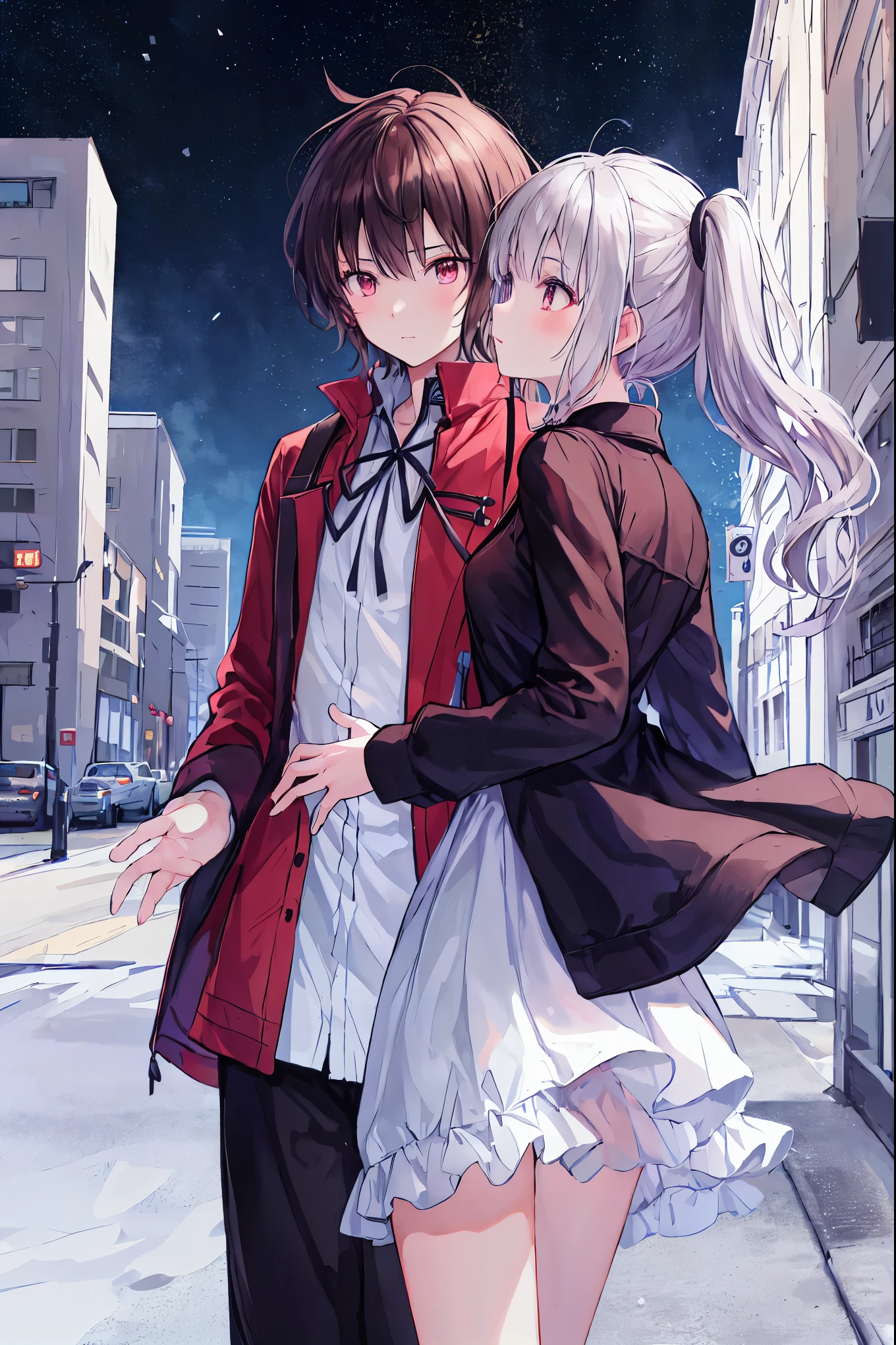 Fluffy silver-haired girl and short black-haired anime boy, inspired by Masanobu Okumura, hugging together on the street, girl wearing a burgundy trench coat, Girl in black tights, boys wearing white t-shirts, Super detailed CG, delicate facial features, Clear facial expressions, detailed digital anime art, digital anime art, High quality anime art style，、brown hair ponytail，French kiss, small breasts，small butt，beautiful profile，distinct limbs，distinct nose bridge，anatomically correct limbs