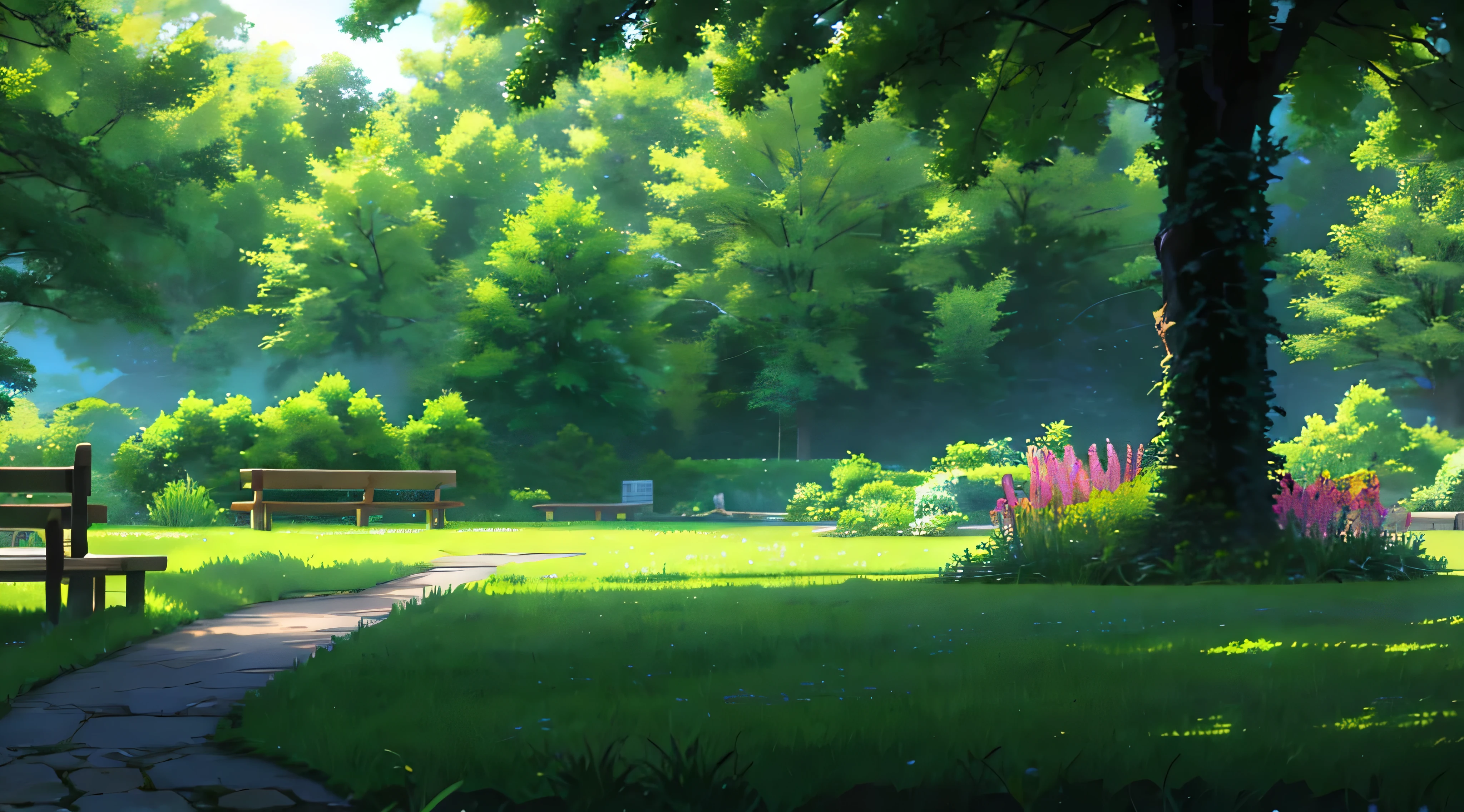 Create an illustration of a serene park with verdant green grass. Within the park, include a solitary bench positioned near a sparsely spaced tree. The scene should evoke a sense of peace and tranquility, with ample space for viewers to imagine themselves enjoying a moment of solitude amidst the natural surroundings. Pay attention to detail in capturing the calm ambiance of the park.