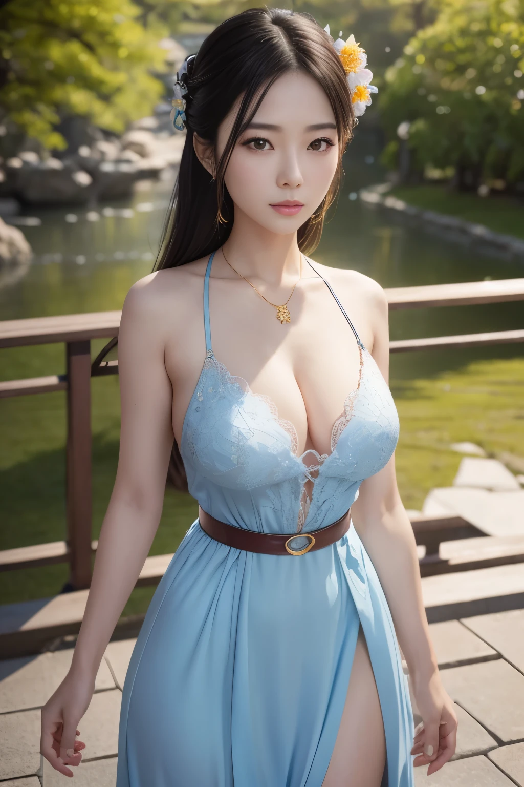 Japanese woman in a blue dress with a gold belt and necklace, Fine white skin as clear as silk, amber eyes, Shining eyes, 3d rendering character art 8k, trending on cgstation, Chengwei Pan at Art Station, Works that influenced Run Ying, 8K Art Germ Bokeh, 8K high quality detailed art, deviantart artstation cgscosiety, cgsociety8k, cgsociety8k, masterpiece, ultra high resolution, super high quality, super realistic, 8k raw photo, cleavage, outstanding beautiful breasts, cowboy shot,