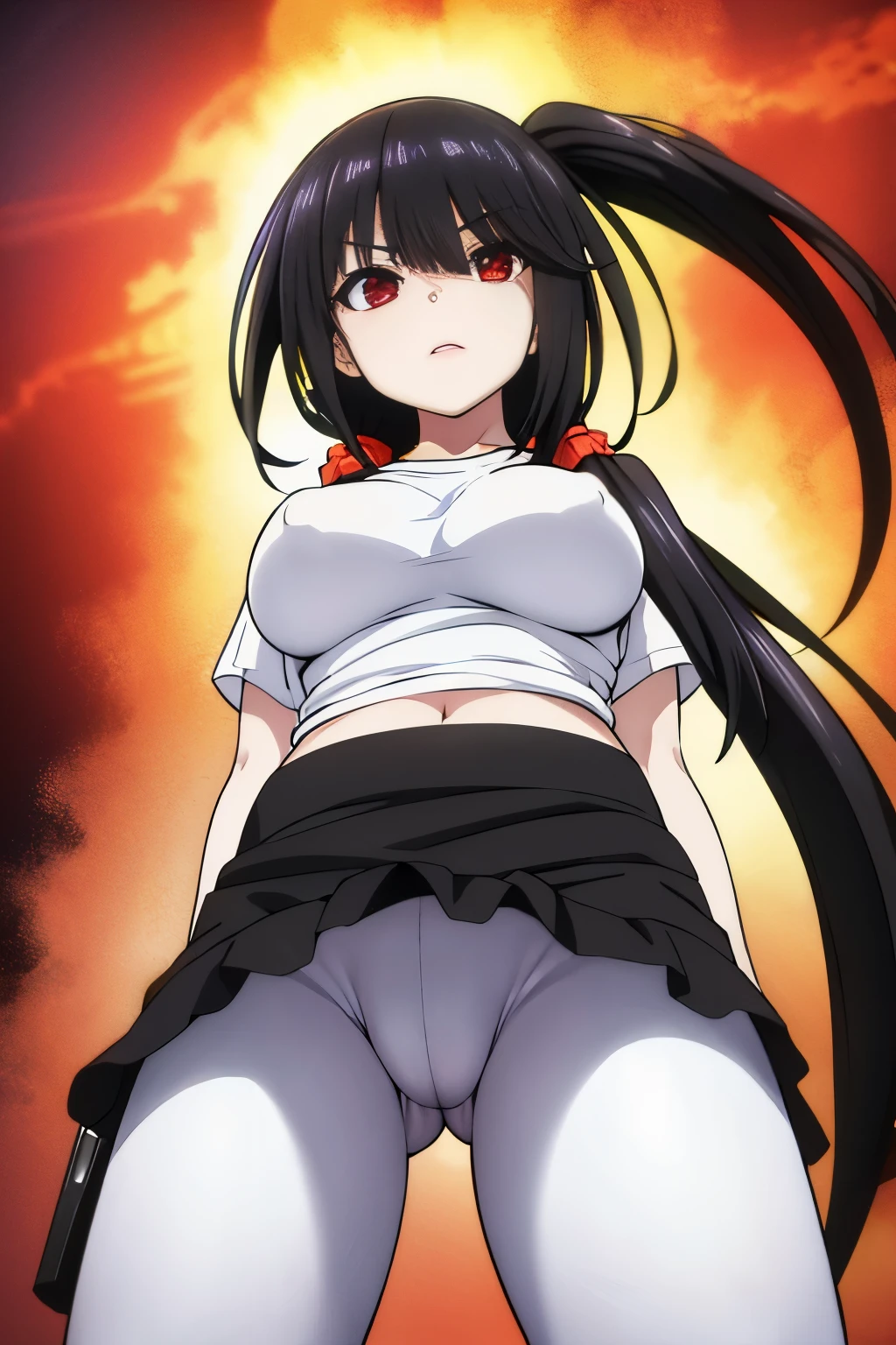 Optimal,masterpiece,High resolution,highest quality,(cowboy shot)、cute face,,black hair、long hair、twin tails、 ((scarlet eyes)),long eyelashes,drooping corners of the eyes,Are standing、thin legs、white skin,((Shoot from below:1.5)), ((Wearing a tight white t-shirt:1.5)), ((tight yoga pants)). ((pointed nipples))、rocket tits , big breasts,