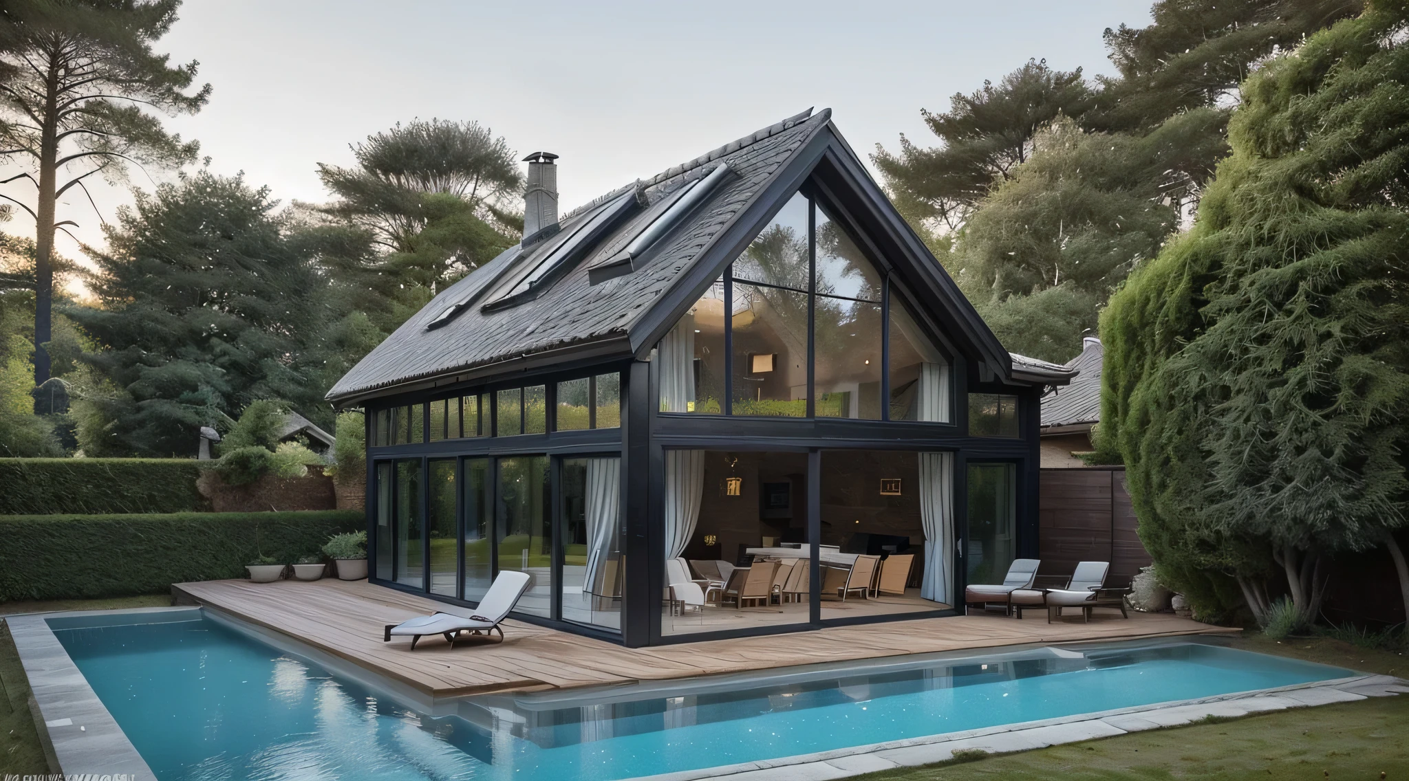 The house is in the countryside, Surrounded by gardens, toit de tuiles grises, pine wood panels on both sides, verre ????, Pas, ciel bleu clair le matin,, dehors avec des chaises, 8K, chef-d'artwork: 1.2), super detailed,