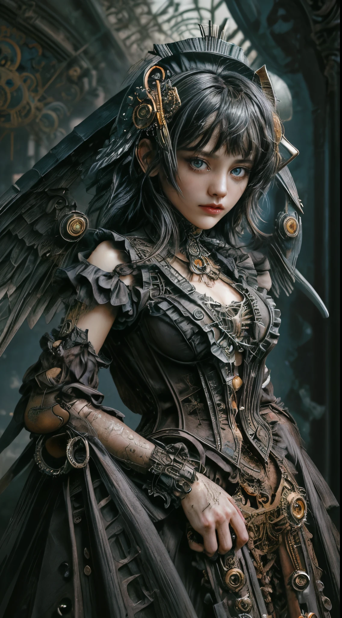 Mechanical girl, (((ultra realistic photo))), (((deep field frequency))), (((anatomically correct))), (((intricate mechanical wings))), cute and adorable, very short bob with bangs, matted black hair, (((very overdone steampunk))), (((Victorian rococo style))), (((goth and lolita))), off-the-shoulder, flared pleated miniskirt with lace and frills, deteriorating and decaying and rusting, clothes shredded and torn, metal rusted))), (((deteriorating, rotting and rusting))), (((clothes torn to shreds))), (((rusted metal))), (((organic))), (((lots of gears))), background detail, (((very dark dramatic film-like lighting, very dark ruins, deep depth of field))), (((very large slanted big eyes))), long eyelashes, thin nose, small mouth, beige lips, thin chin, clear white glossy skin, slender body, Creates a very realistic yet very dreamlike texture, immersing the viewer in a mesmerizing visual experience, very dramatically improved overall accuracy, beautifully rendered with striking contrast for visual impact, award winning, (((16K, UHD, top quality, masterpiece, highly detailed))).