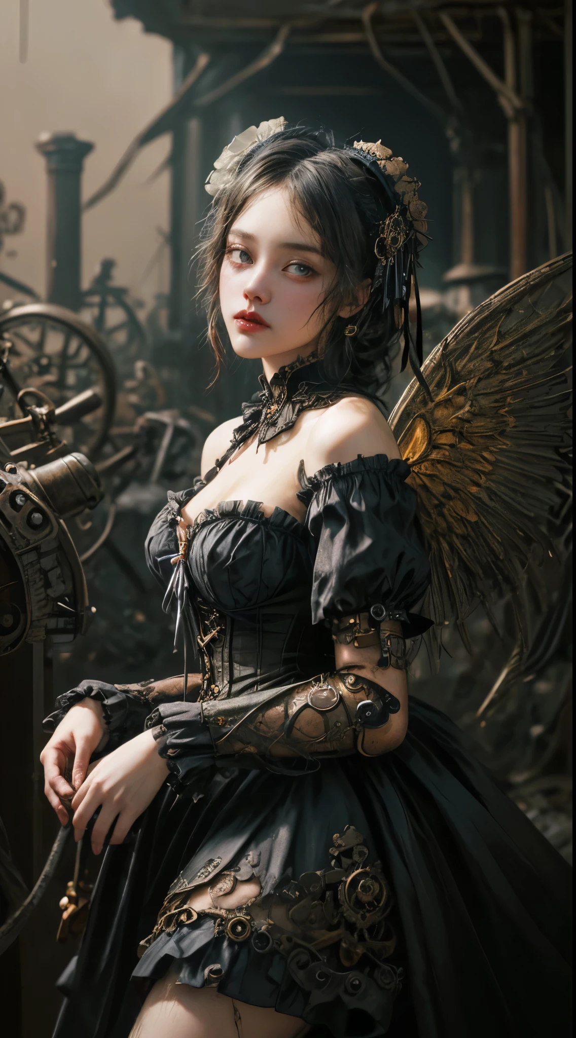 Mechanical girl, (((ultra realistic photo))), (((deep field frequency))), (((anatomically correct))), ((Very complex mechanical wings))), cute and adorable, very short bob with bangs, matted black hair, (((very overdone steampunk))), (((Victorian rococo style))), (((goth and lolita))), off-the-shoulder, flared pleated miniskirt with lace and frills, deteriorating and decaying and rusting, clothes shredded and torn, metal rusted))), (((deteriorating, rotting and rusting))), (((clothes torn to shreds))), (((rusted metal))), (((organic))), (((lots of gears))), background detail, (((very dark dramatic film-like lighting, very dark ruins, deep depth of field))), (((very large slanted big eyes))), long eyelashes, thin nose, small mouth, beige lips, thin chin, clear white glossy skin, slender body, Creates a very realistic yet very dreamlike texture, immersing the viewer in a mesmerizing visual experience, very dramatically improved overall accuracy, beautifully rendered with striking contrast for visual impact, award winning, (((16K, UHD, top quality, masterpiece, highly detailed))).
