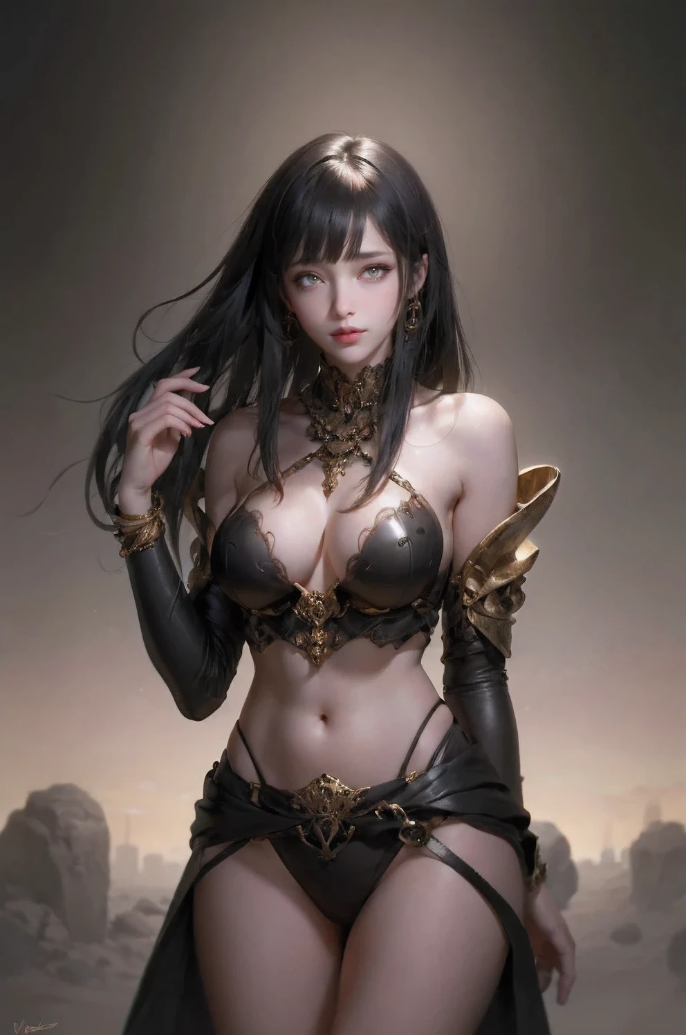 score_9, score_8_up, score_7_up, source_anime BREAK 1girl, solo, cheldorado, 1girl, solo, long hair, breasts, bangs, black hair, navel, bare shoulders, jewelry, earrings, midriff, dark skin, blunt bangs, bracelet, dark-skinned female, lips, crop top, hand on hip, strapless, makeup, pelvic curtain, tube top, loincloth, from behind, ass, looking back,