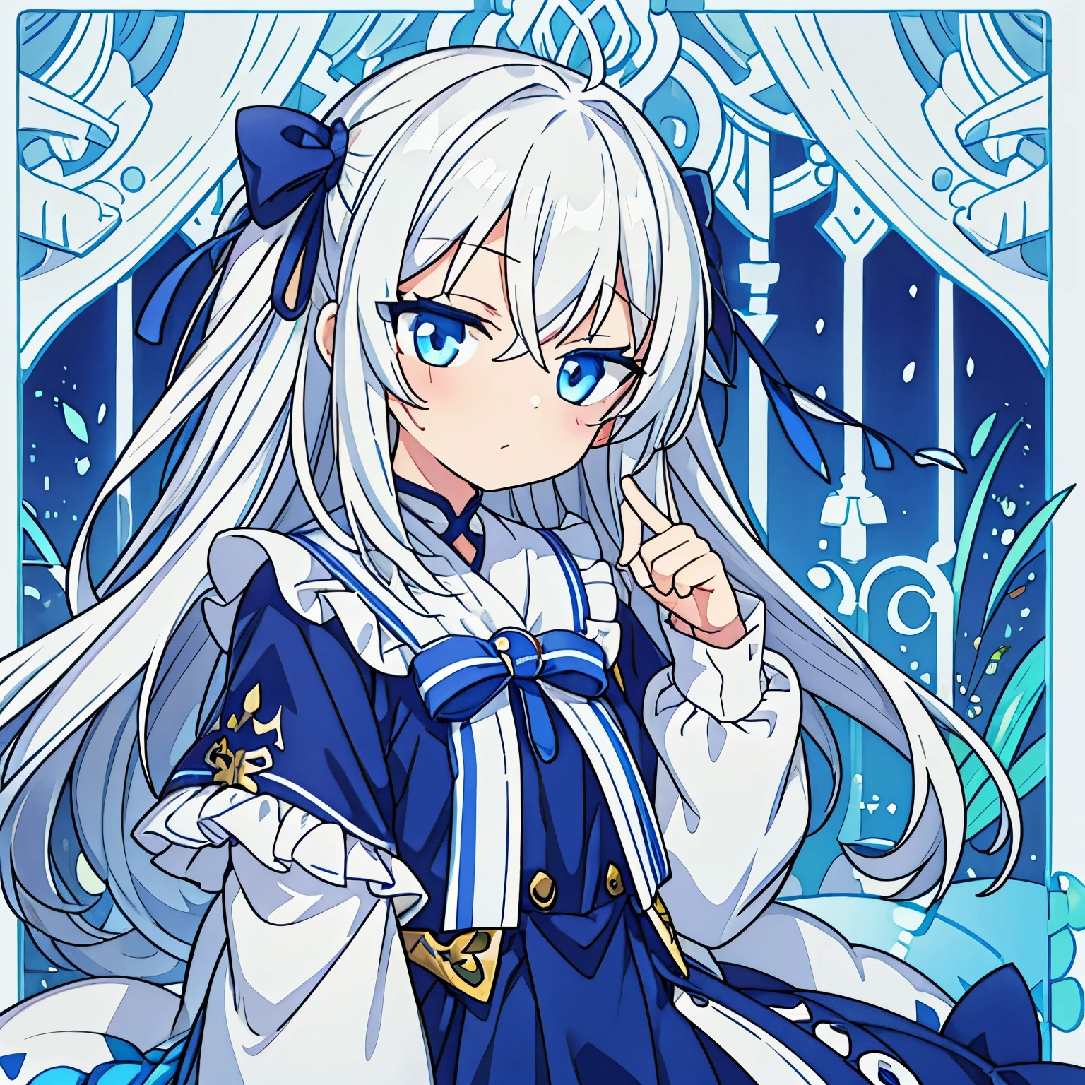 a  girl，long white hair，blue eyes