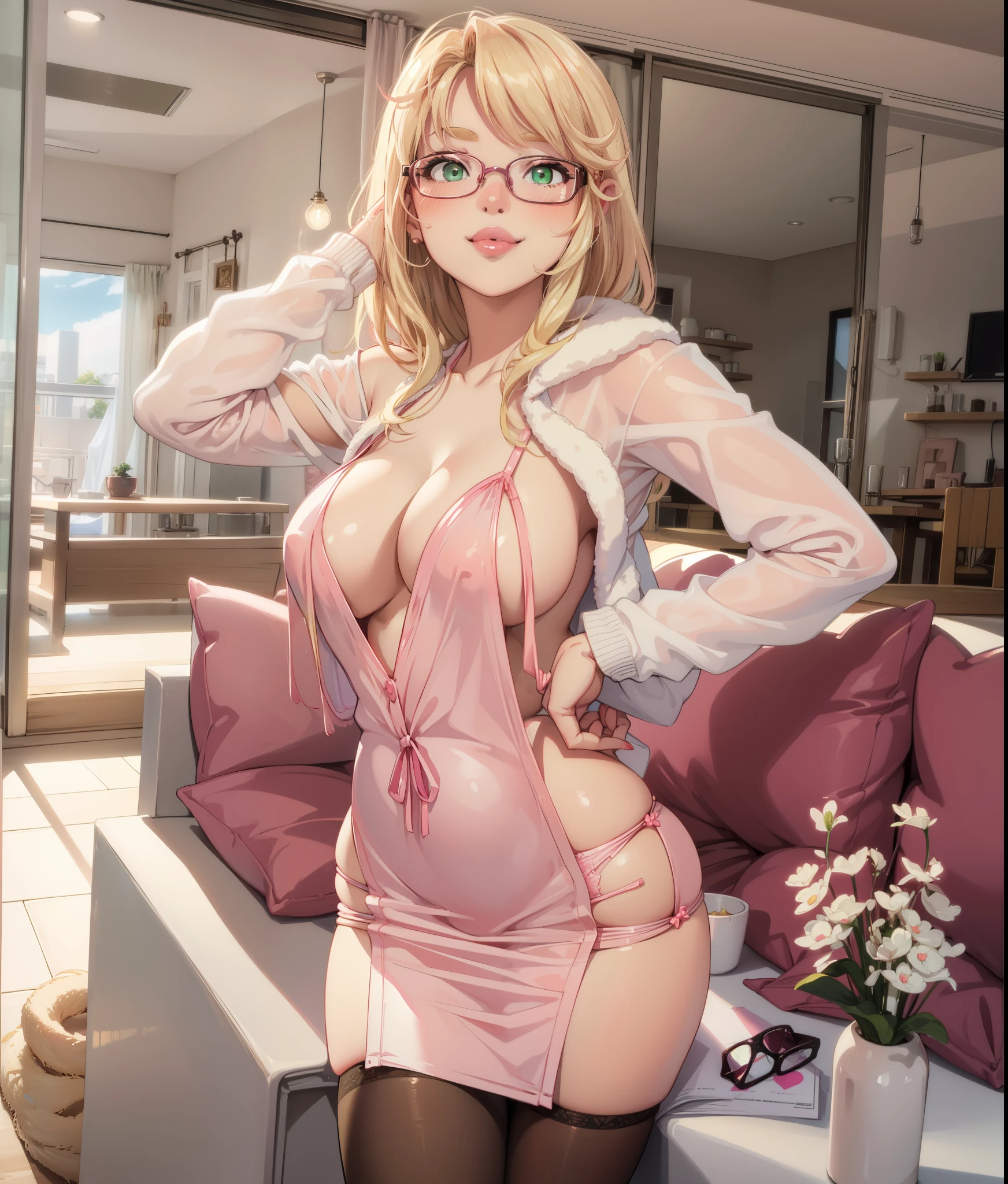 blush, smile,glowing aura, natural light, masterpiece, glossy skin, juicy lips , ,sexy, hot, evil,juicy lips hour glass, , juicy lips, , slender body, small , huge ass,smile, ultra detailed, , blonde sandy hair,green eyes, glasses, pink bow, pink clothes, bimbo, pink mini skirt , ((no background))