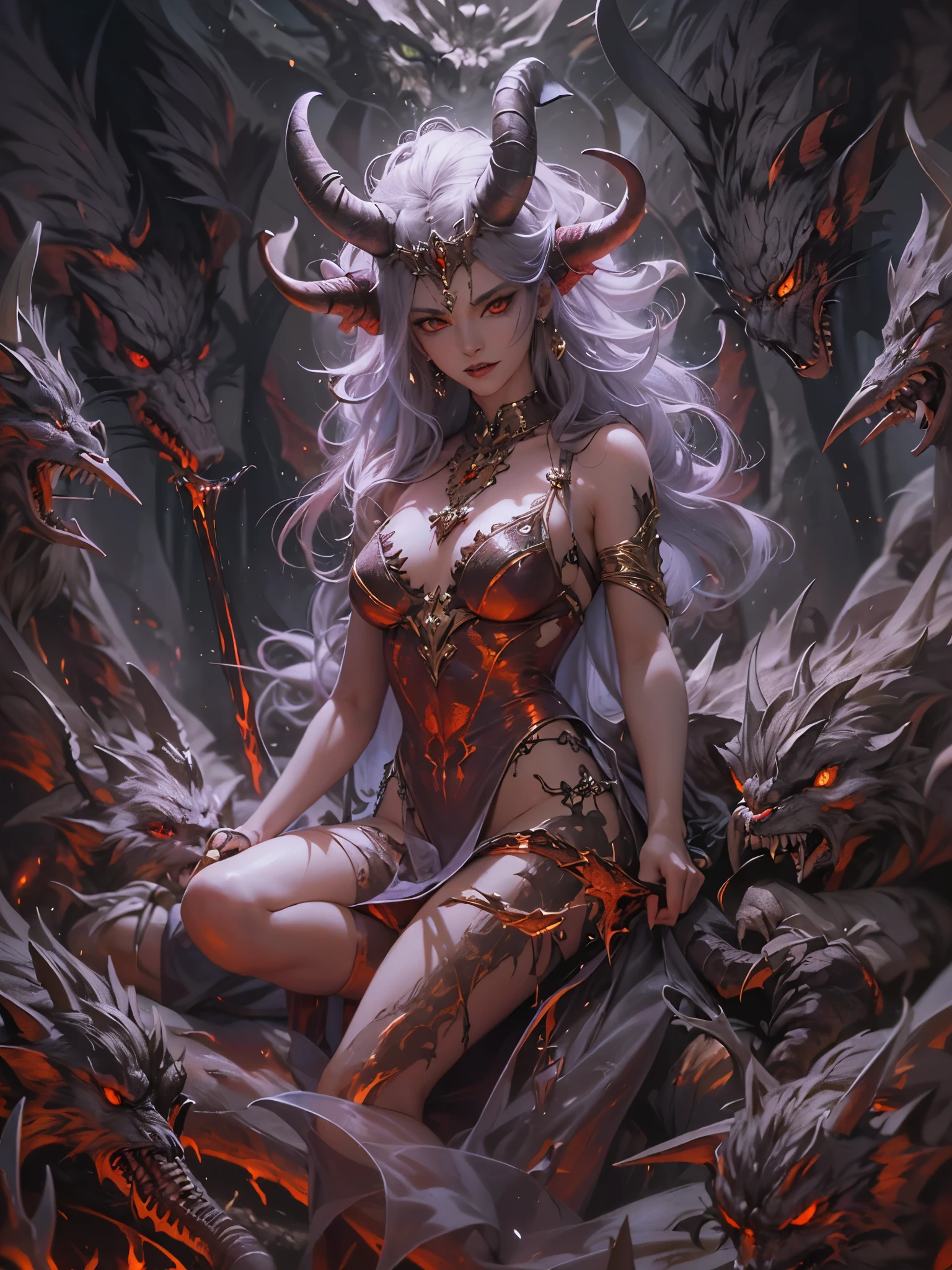 ((highest quality)),(ultra high resolution),(Super detailed),(detailed description),((best CG)),(best work of art),super precision art,amazing drawing art,(Fantasy art with precise details:1.5), (Female Devil:1.5),((evil:1.5)),arrogant,greedy,anger,Lewd,cruelty