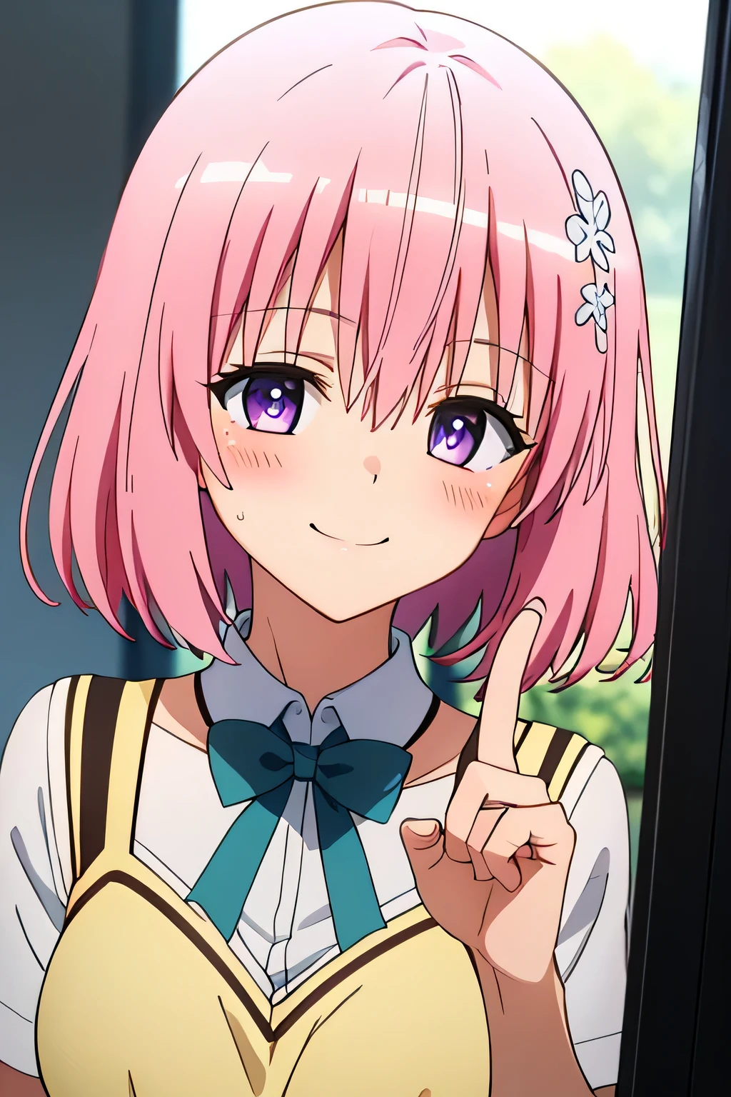 (best quality:1.1), (Meisterwerk:1.4), (absurder:1.0), portrait, Nahaufnahme, 1girl, momo velia deviluke, Haarverzierung, Bob-Frisur, kurze Haare, rosa Haare, lila Augen, medium breasts, gelbe , Blick auf den Betrachter, seductive anime girl, mit Zeigefinger, Klassenzimmer, (blush:1.2), Smile