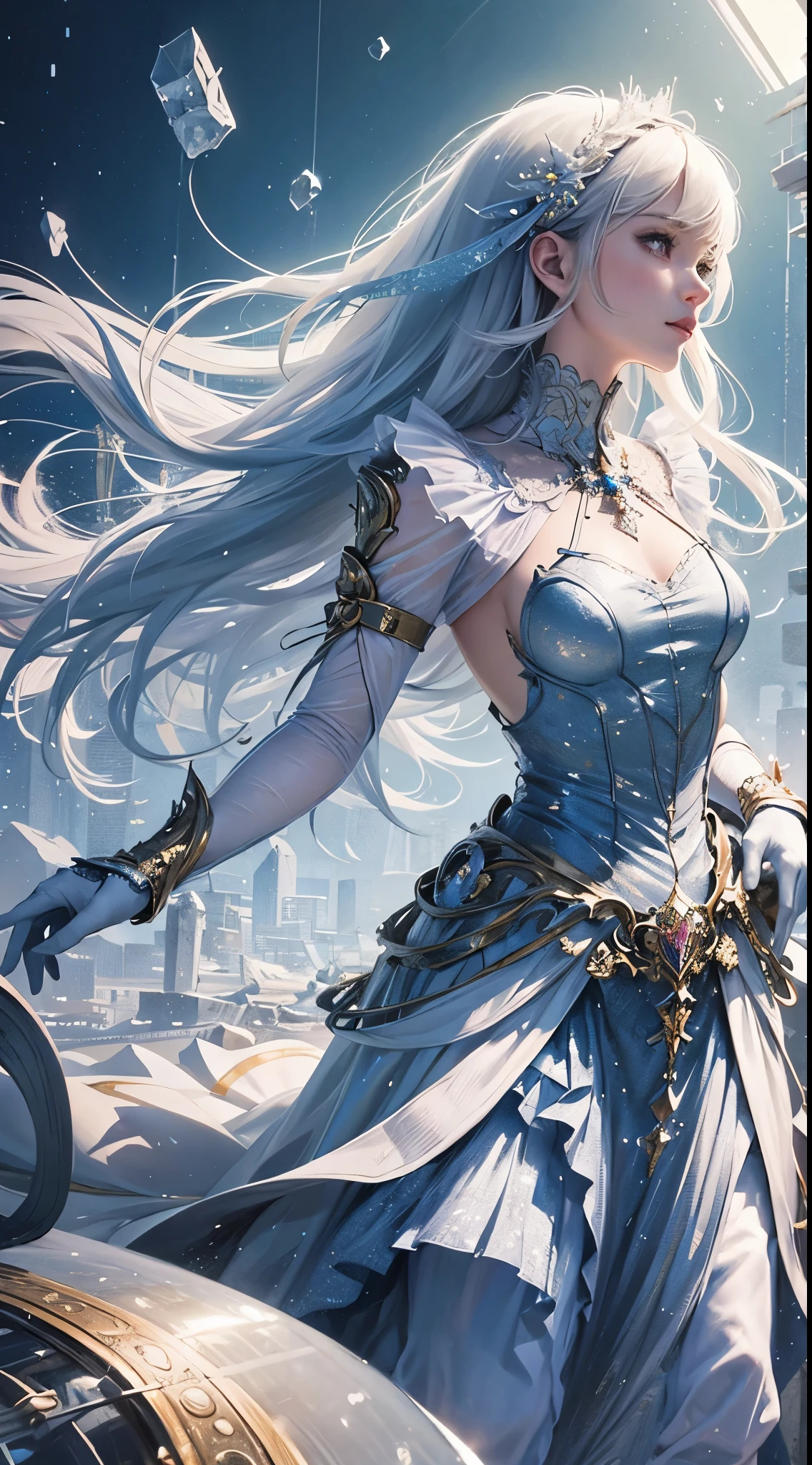 crystal covered, upper body, side shot, alternate color, masterpiece, detailed illustration, realistic, pixiv top quality, exquisite, {{{kawaii 1girl}}}, ultra beauties who fuse with machines, elaborate shabby chic pattern, glitter beautiful female, Half of my body is made of machines, transparent glass body, The machines inside the body are transparent, cinematic lighting, dynamic angle, dynamic pose, crystal world, depth of field