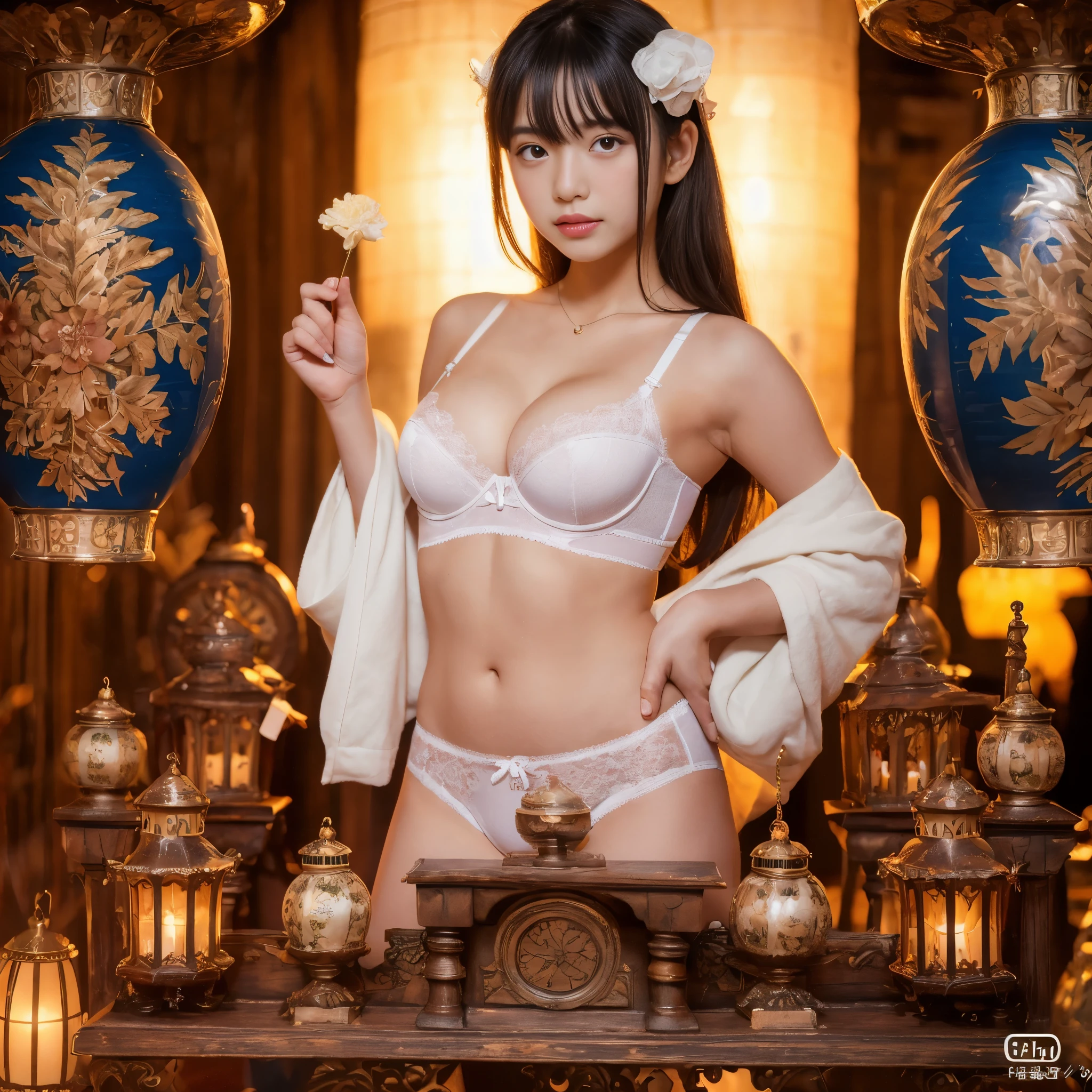(RAW photo:1.2), (realistic), beautiful detailed girl, highly detailed eyes and face, thin and beautiful eyes, huge file size, High resolution, very detailed, highest quality, [table top:1.6], shape, very detailed, small details, highest quality, 8k wallpaper, movie lighting, 15 year old Japanese junior high school student, Japan Hina Festival, Pose on the red platform, seiza, In underwear, white bra is visible, white panties are visible ,slender body, young face, small breasts, exposed underwear, Hinamatsuri decorations, lantern, Hishi mochi, Hina hail
