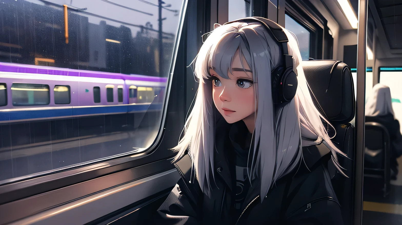 train, Sit by the window, take a pensive posture, Dark interior, My head got stuck in the glass, wearing headphones, Scenery passing by at high speed, night trip, rainy night sky, Beautiful girl, UHD Portraits, (high quality) (ultra detail) Observation of a viewer wearing hip-hop style street clothes; different, fancy, long colored silver hair 🌈