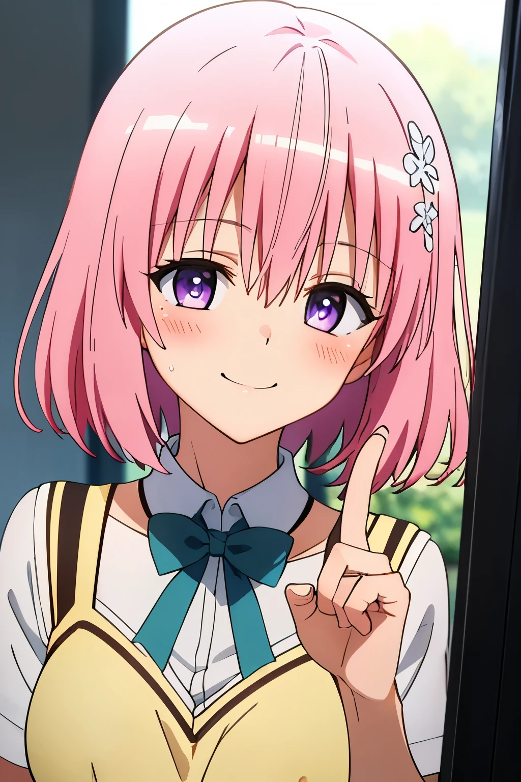 (best quality:1.1), (Meisterwerk:1.4), (absurder:1.0), portrait, Nahaufnahme, 1girl, momo velia deviluke, Haarverzierung, Bob-Frisur, kurze Haare, rosa Haare, lila Augen, medium breasts, gelbe , Blick auf den Betrachter, seductive anime girl, mit Zeigefinger, Klassenzimmer, (blush:1.2), Smile