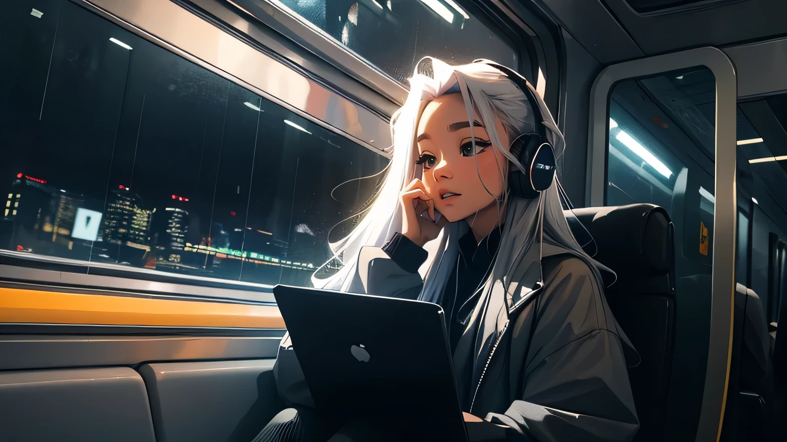 train, Sit by the window, take a pensive posture, Dark interior, My head got stuck in the glass, wearing headphones, Scenery passing by at high speed, night trip, rainy night sky, Beautiful girl, UHD Portraits, (high quality) (ultra detail) Observation of a viewer wearing hip-hop style street clothes; different, fancy, long colored silver hair 🌈