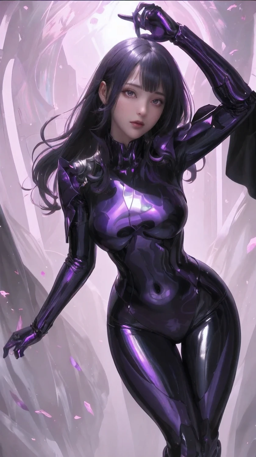 Allalyn in shiny purple suit standing on the floor, latex shiny, wearing atsuko kudo latex outfit, wearing tight suit, smooth purple skin, Purple body, shiny metallic glossy skin, shiny plastic, futuristic glossy latex suit, shiny plastic armor, shiny glossy skin, tight full body suit, Wearing latex, shiny and metallic, Glowing purple, Glossy,Cloak, Skeleton exoskeleton