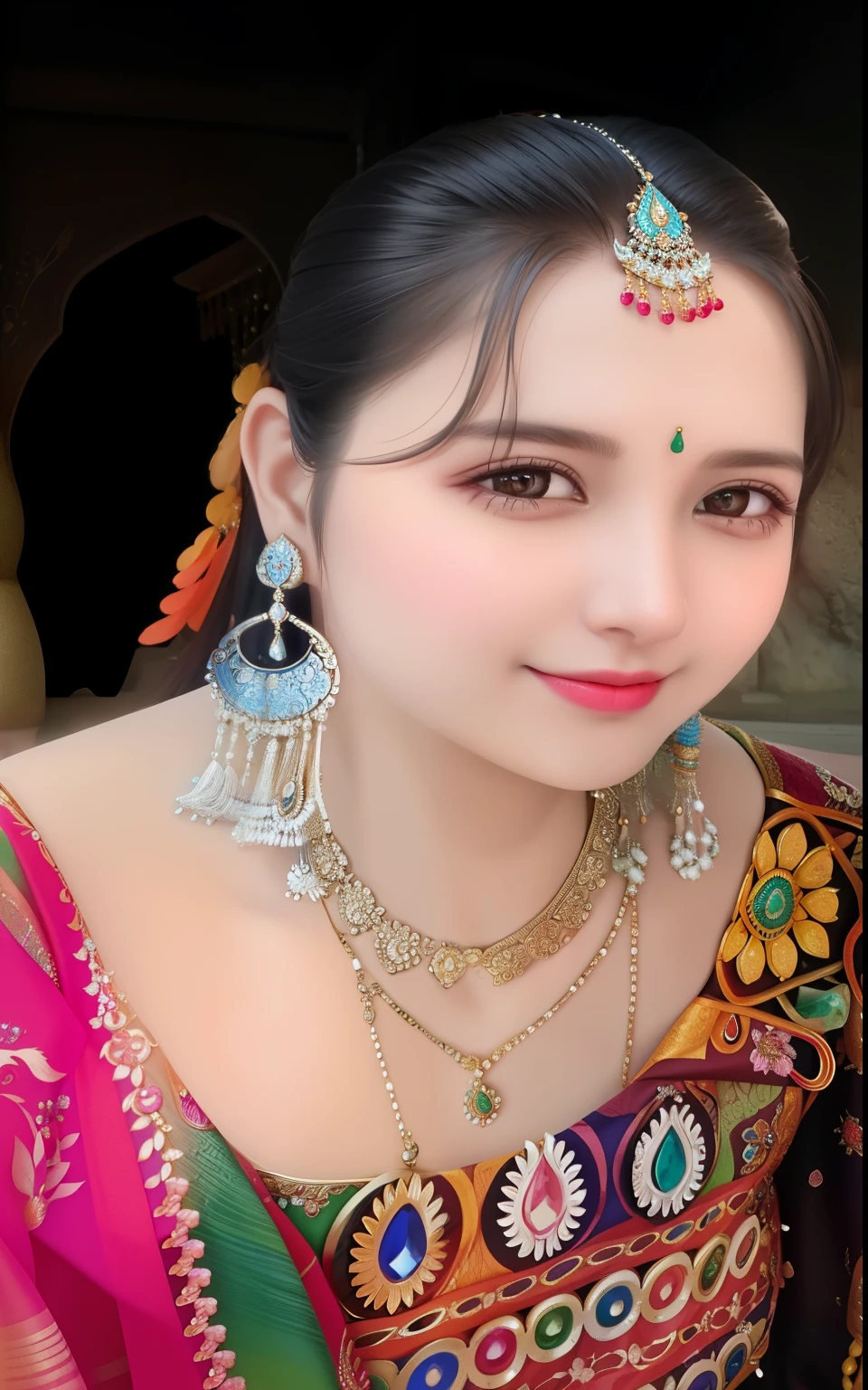 a close up of a woman wearing a colorful sari and jewelry, traditional beauty, very beautiful enga style, indian, with lovely look, beuatiful face, very very beautiful woman, portait photo profile picture, wearing jewellery, candid picture, very very very beautifull face, very beautiful woman, beutiful face, very beautiful girl, profile image