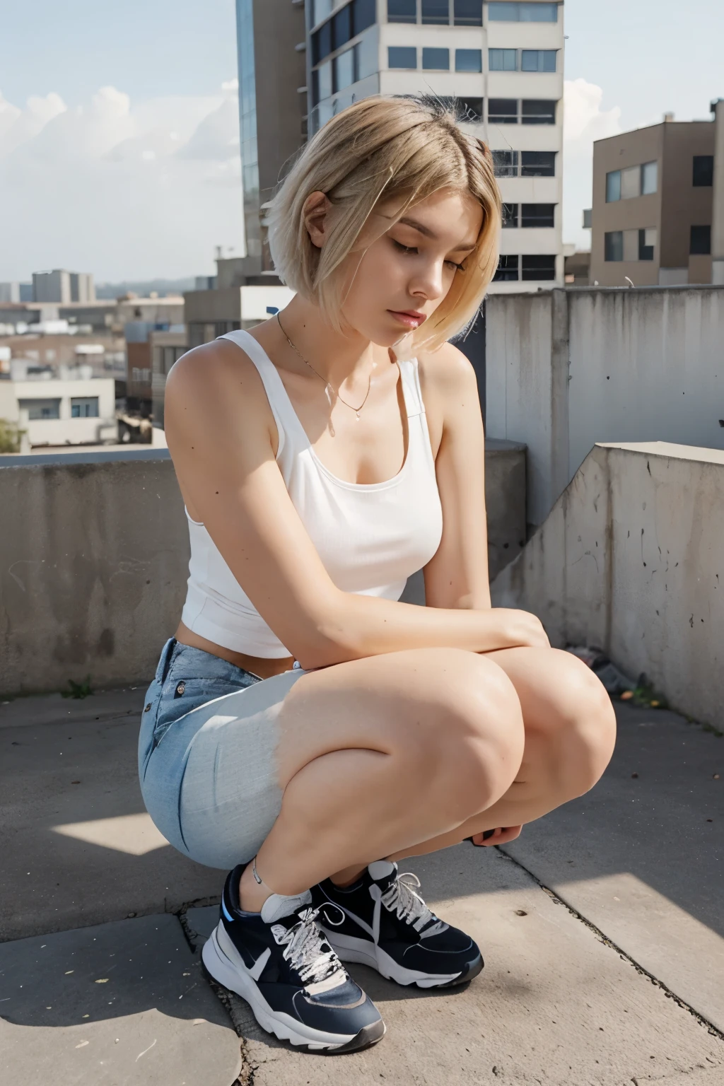 blond woman sitting on the ground in a white tank top and jeans, sitting on the ground, sitting on bent knees, bra and shorts streetwear, girl with short white hair, posing in an urban street, sittin, beautiful cyberpunk woman model, thoughtful pose, beautiful anime girl squatting, on a parking lot, girl sitting on a rooftop
