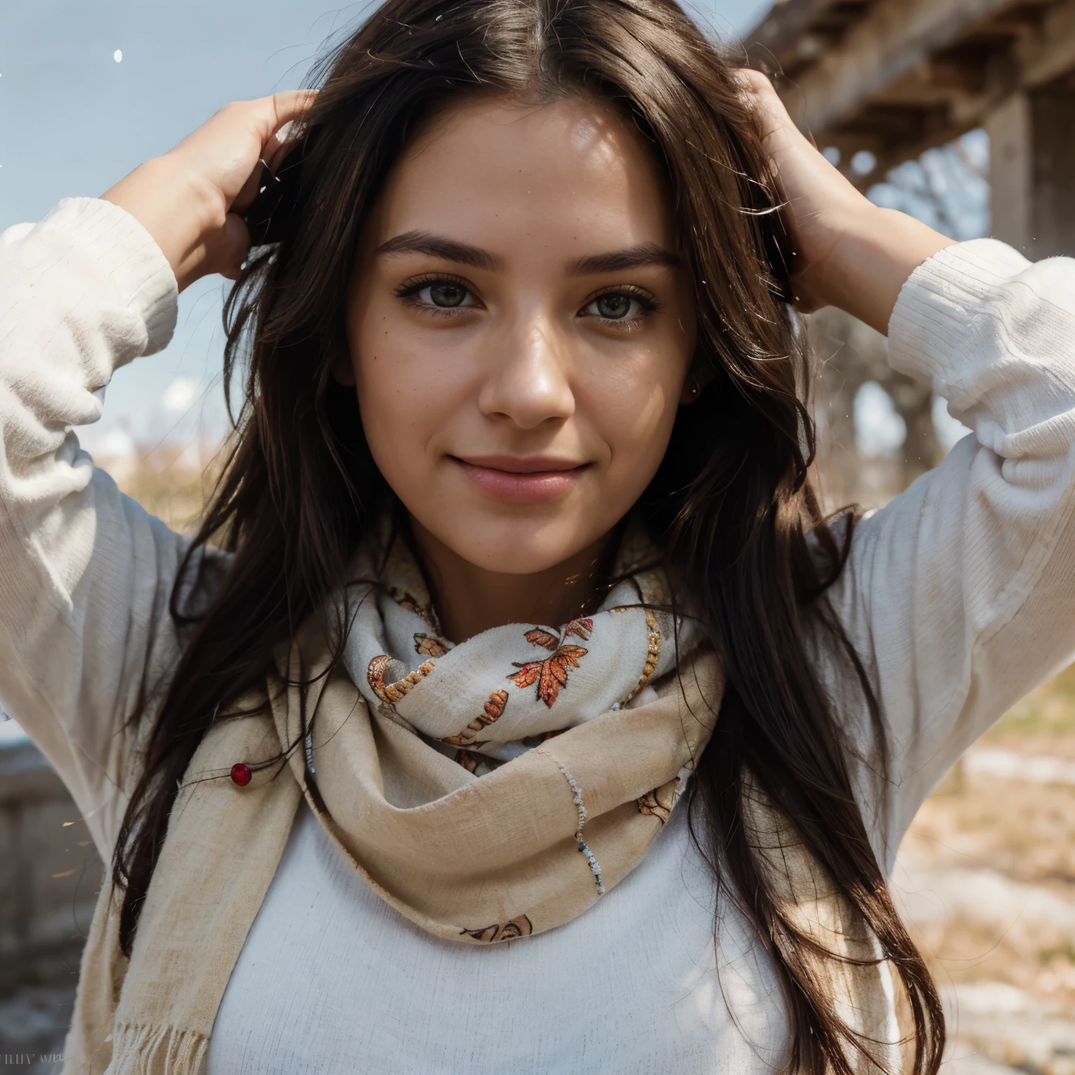 highest quality, epic realistic, ((in the bright daylight :1.4)), ((portrait:1.5)),(background: bright ) high contrast ,glorious picture, lowest lux, lighting face, she's comfortable, wearing red pullover, white scarf, looks incredible, (8k, Raw photo, Highest quality),(epic realistic:1.5), an Indian woman, full figure photo, jeans pant trousers, face,(detailed eyes:0.8),(looking at the camera:1.4), (Highest quality), ( high contrast, deep shadows), Intricate details, cinematic,((skin:1.4)), (long dark hair:1.3), long hair, messy ,(Hdr:1.5),Detailed, colors, Superior quality, ( sunny sky: 1.4), Masterpiece, Raw Photo (25-year-old, looking at viewer), beautiful, (wearing red pullover, white scarf), perfect, natural, perfect composition, portrait, perfect face, smiling expression, fair skin, bright complexion, Captivating eyes, Bright details, Tight lips, (High Skin Detail), no dot on forehead,, (blue tint: 0.6), (sale: 0.8), (bloody: 0.7), Key lighting , (backlight: 0.5), Canon 5d, 50mm lens, f/4 apertures, (Ultra-detailed, Complex detail), sharp focus, soft colors, 8k, Absurd, 80mm, photography, smiling, solid white background, no background