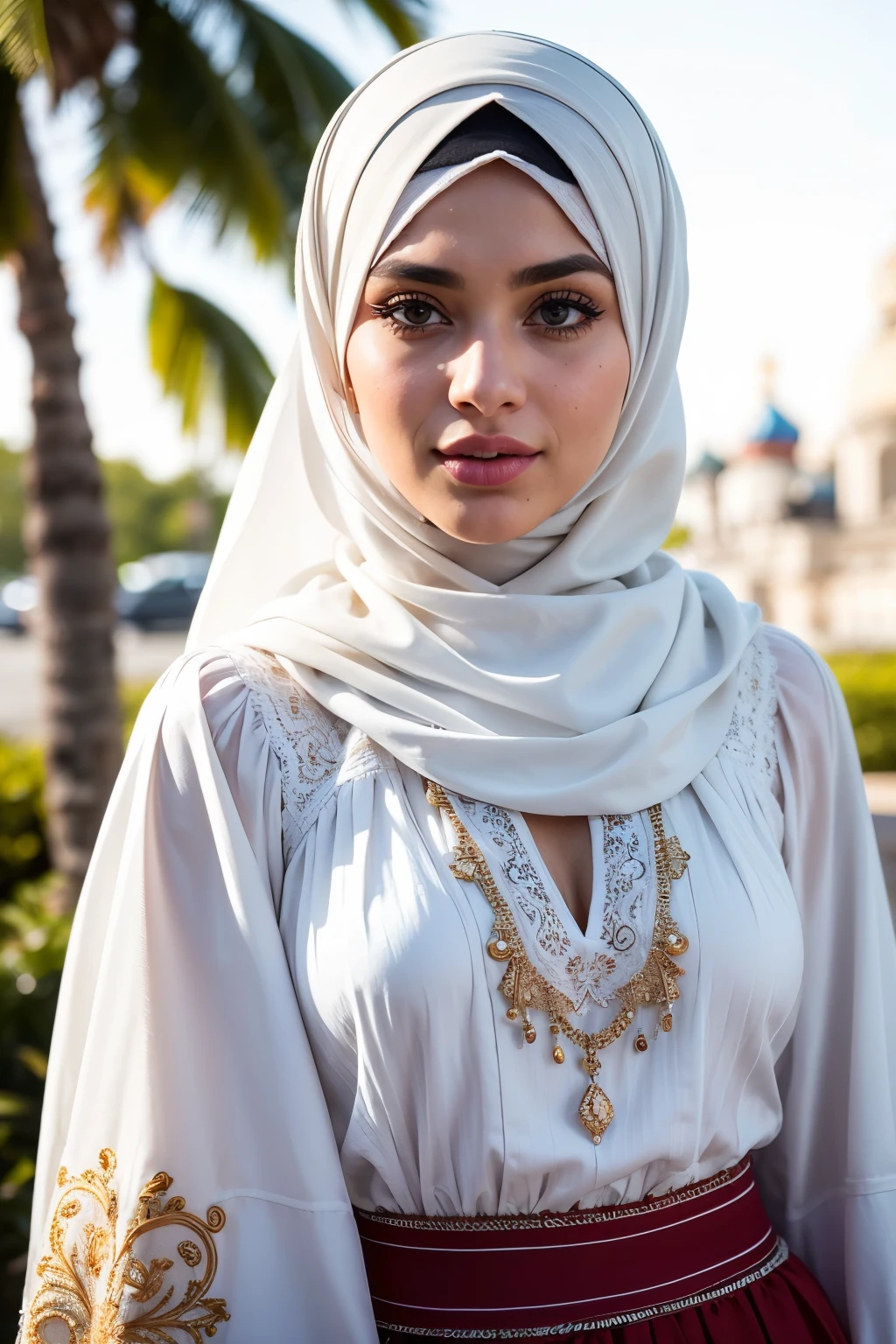Gritty candid raw portrait of a young, 20-year-old beautiful woman with expressive big lips, capturing her playful and charismatic personality in a close-up shot. Her high cheekbones add elegance to her features, and she is adorned with a hijab, representing her Muslim faith with Yemeni heritage. Wearing stylish speactacles that complement her beautiful, intricately detailed eyes and bright, captivating smile. Her outfit consists of an embroidered white blouse and a flowing skirt, adding a touch of traditional Russian culture to her eclectic boho-chic style. With a flawed yet realistic skin texture, she exudes confidence and strength