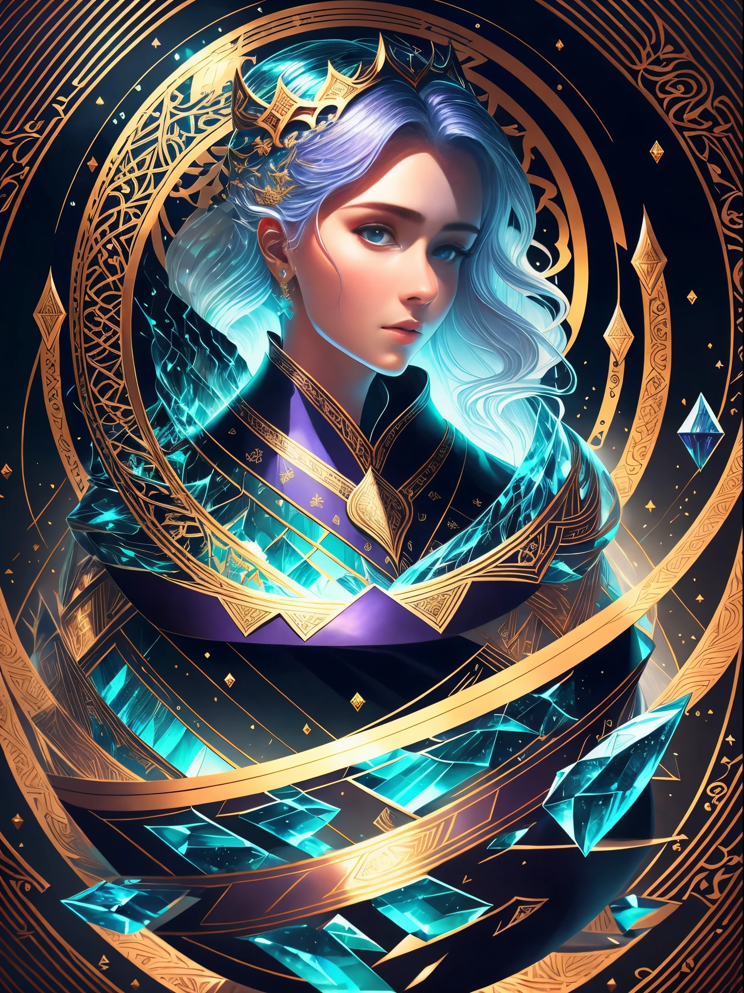 （Carta Rei do Jogo:1.5, Simetria rotacional), (tiro de vaqueiro),Minimalist compositions,ondas do oceano,Feminine magic,Cocar de cristal requintado, armadura de cristal requintada，Fio Eletroluminescente,brilho sonhador，Arte digital conceitual,roxo e cinza,(Muito detalhado, Reasonable design, Linhas claras, Alta Nitidez,melhor qualidade, obra de arte, 4k )