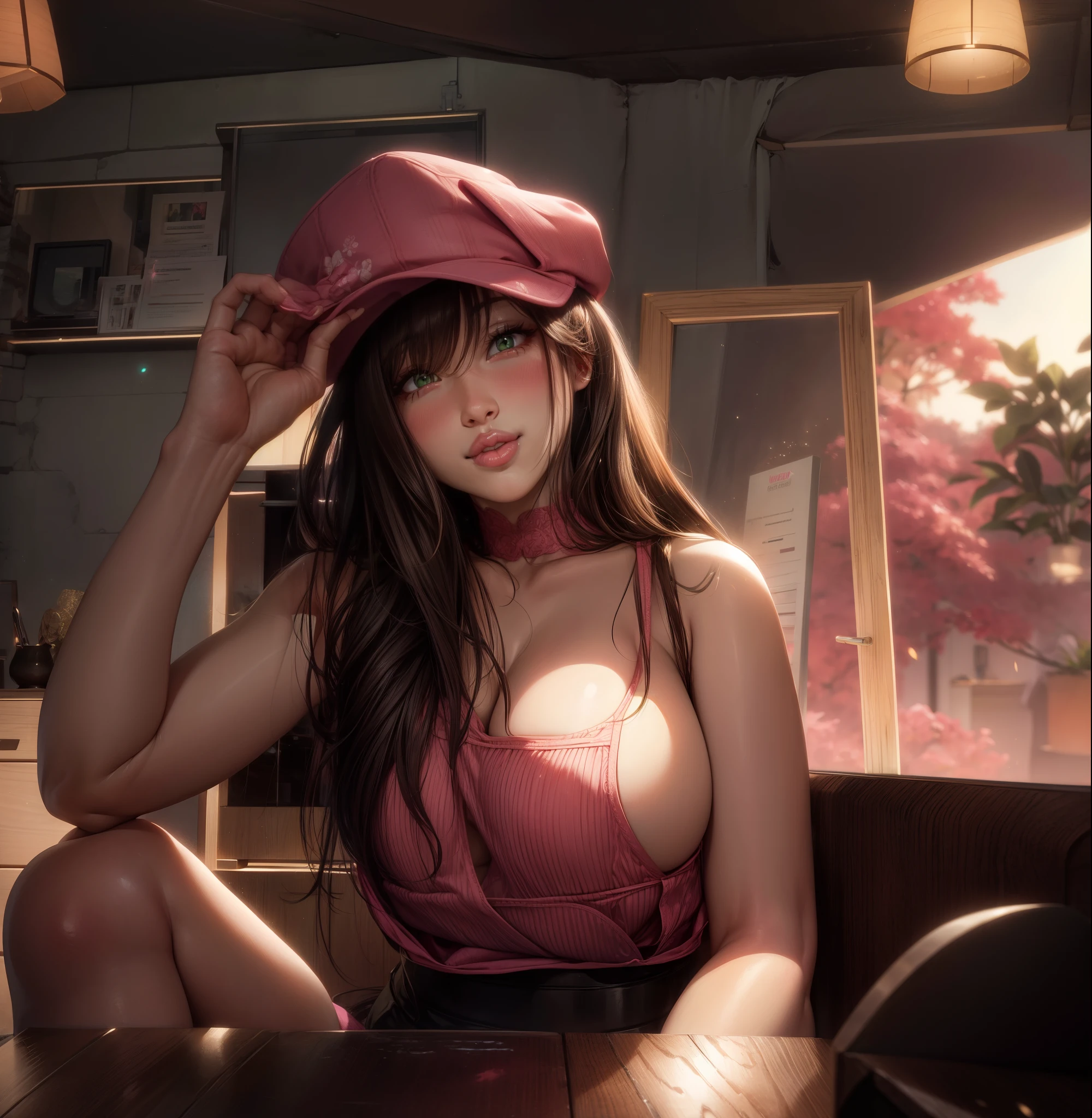 blush, smile,glowing aura, natural light, masterpiece, glossy skin, juicy lips , ,sexy, hot, evil,juicy lips hour glass, , juicy lips, , slender body, small , huge ass,smile, ultra detailed, , brown hair,green eyes, wavy hair,pink clothes, bimbo, sitting down, (no background)), holding hat