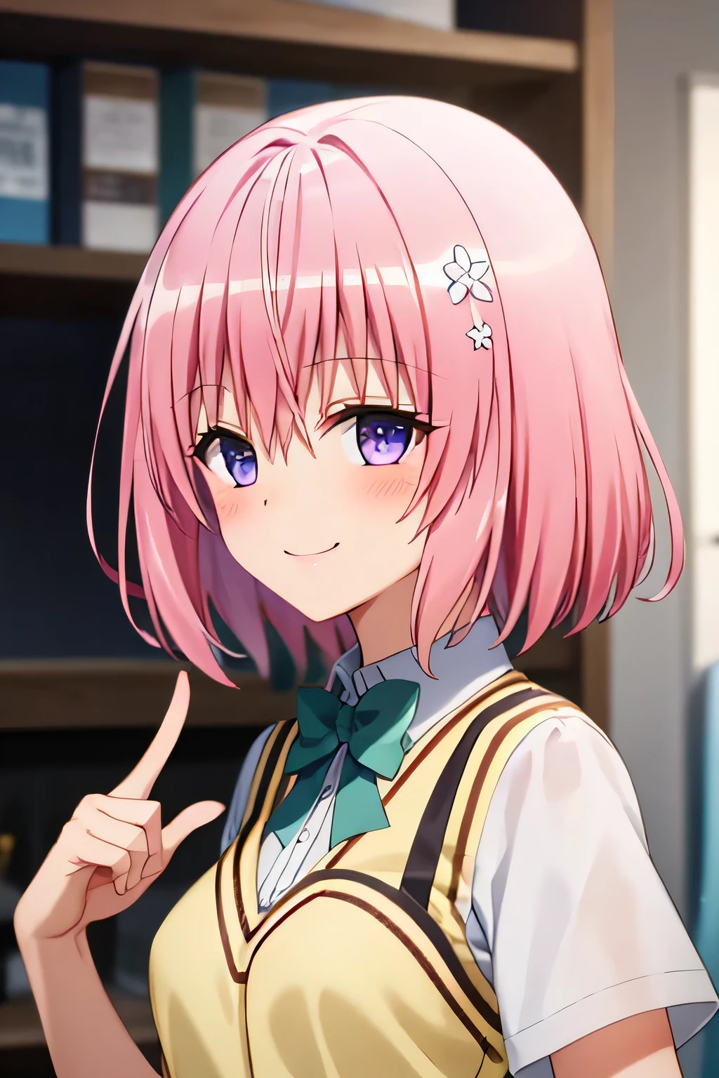 (best quality:1.1), (Meisterwerk:1.4), (absurder:1.0), portrait, Nahaufnahme, 1girl, momo velia deviluke, Haarverzierung, Bob-Frisur, kurze Haare, rosa Haare, lila Augen, medium breasts, gelbe , Blick auf den Betrachter, seductive anime girl, mit Zeigefinger, Klassenzimmer, (blush:1.2), Smile