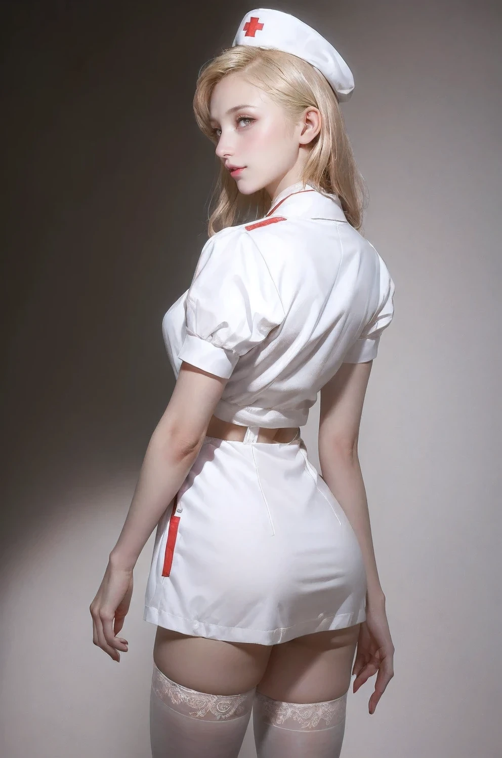 masterpiece, bset quality, realistic, 1girl,white thighhighs,nurse uniform, mutiple views, ass views and dress views,
