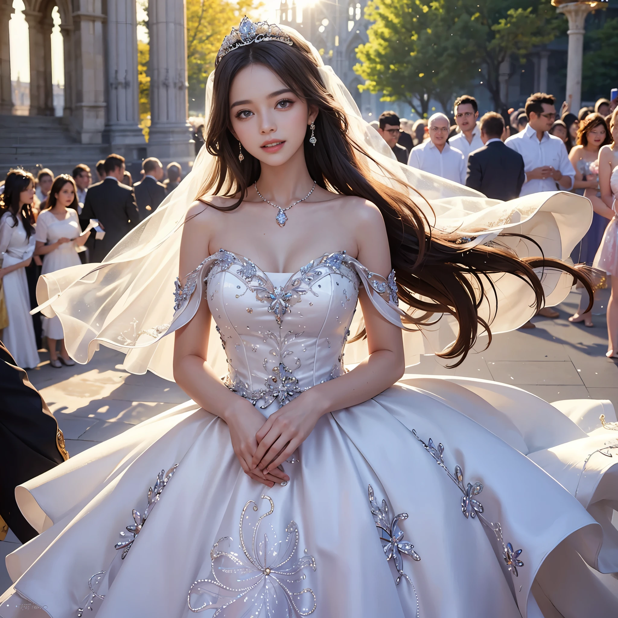 best quality, masterpiece, 1 girl, huge laugh, Very pretty, beautiful, detailed eyes, cute teen, shiny lips, sweet, sun glare, Conservative attire, wedding dress, bridal tiara, depth of field, blurred background, Cathedral Background, no one around, light particles, strong wind, head tilt, long hair, 