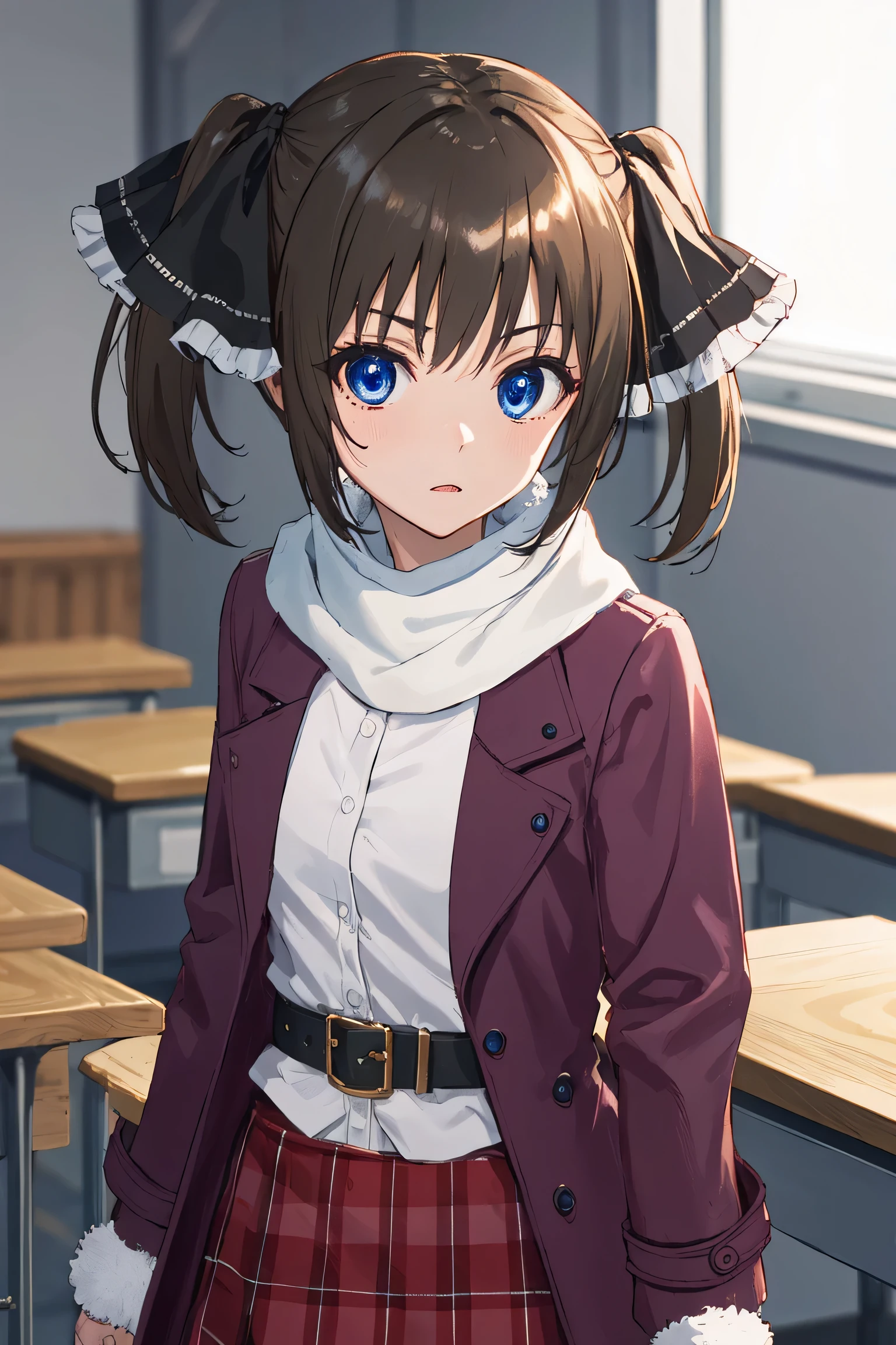 minatsushiina, minatsu shiina, blue eyes, brown hair, ribbon, twintails, hair ribbon,
BREAK (skirt, long sleeves, jacket, belt, scarf, coat, fur trim, black belt:1.2)
BREAK indoors, classroom,
BREAK looking at viewer, (cowboy shot:1.5), expression is solemn,cute expressive face
BREAK (masterpiece:1.2), best quality, high resolution, unity 8k wallpaper, (illustration:0.8), (beautiful detailed eyes:1.6), extremely detailed face, perfect lighting, extremely detailed CG, (perfect hands, perfect anatomy),