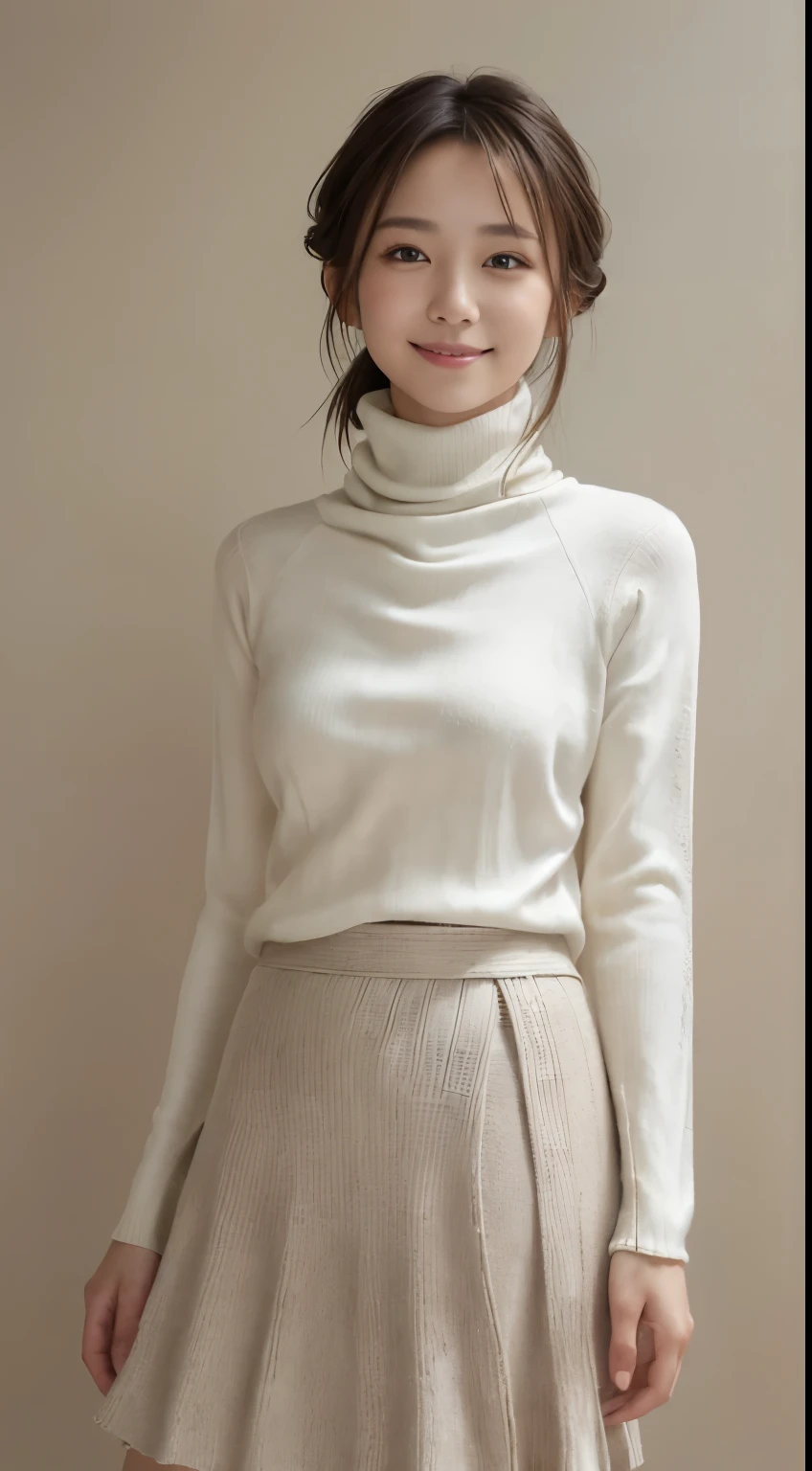 (1girl in:1.4),Natural smile, Cowboy Shot, Anatomically correct, Textured skin, Super Detail, Best Quality, masutepiece,gakki,Detail Beautiful delicate face、Detail Beautiful delicate eyes、depth of fields、Ray traching,a beauty girl,Model for women's fashion magazine,(Casual Fashion, elegant fabric, Turtleneck knitwear,skirt by the:1.5), Gorgeous, (Random hairstyle:1.2), (Floating hair:1.2), (Dynamic Pose:1.2), Soft lighting, Wind, makeup,(Natural smile:1.2),cowboy shot