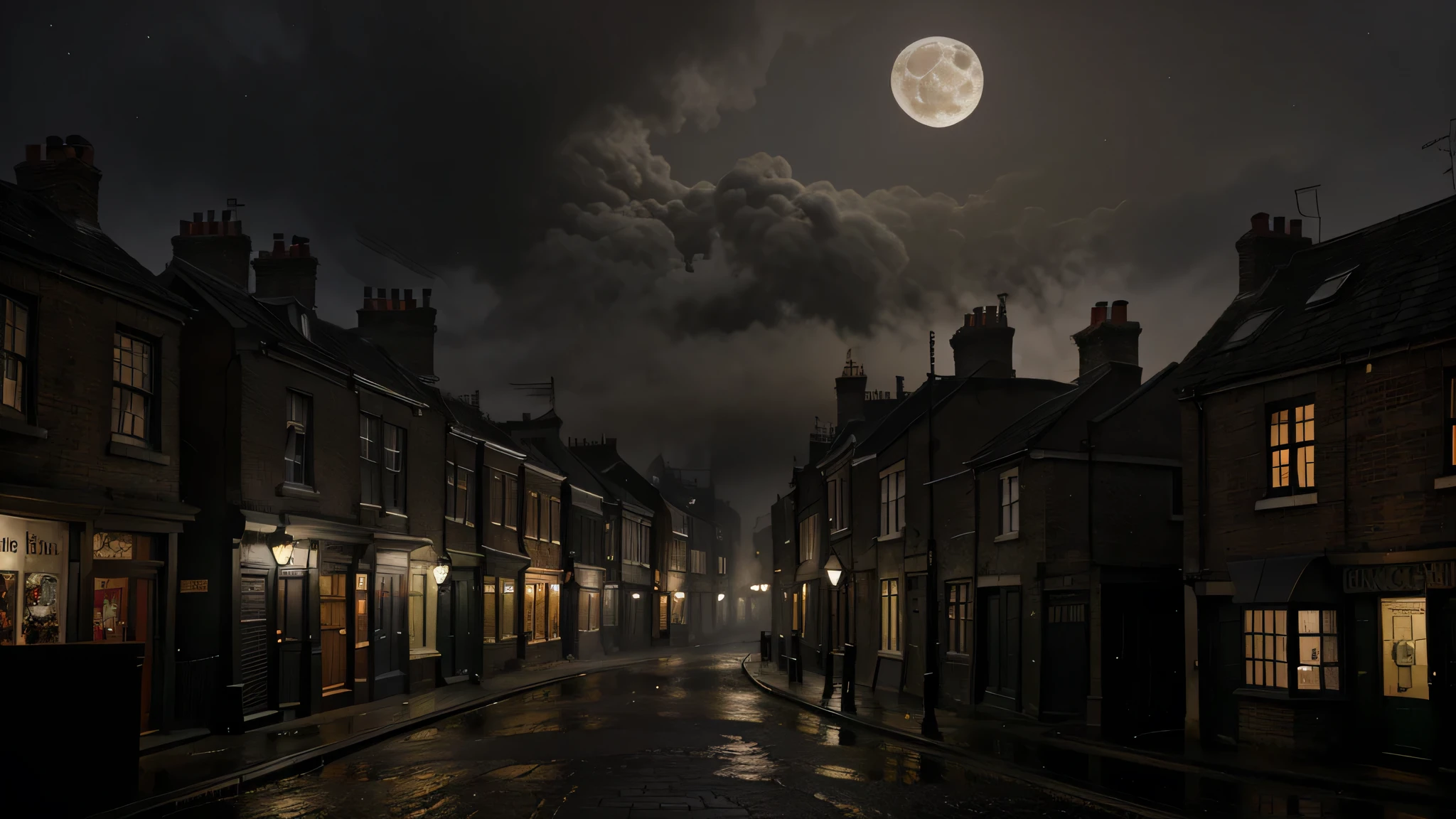 no figure, urban setting, 19th century London, London slums, few lights, nighttime, pitch black sky, dark, foggy, smoke, rainy, narrow street, moon resembling skull covered by clouds, pubs