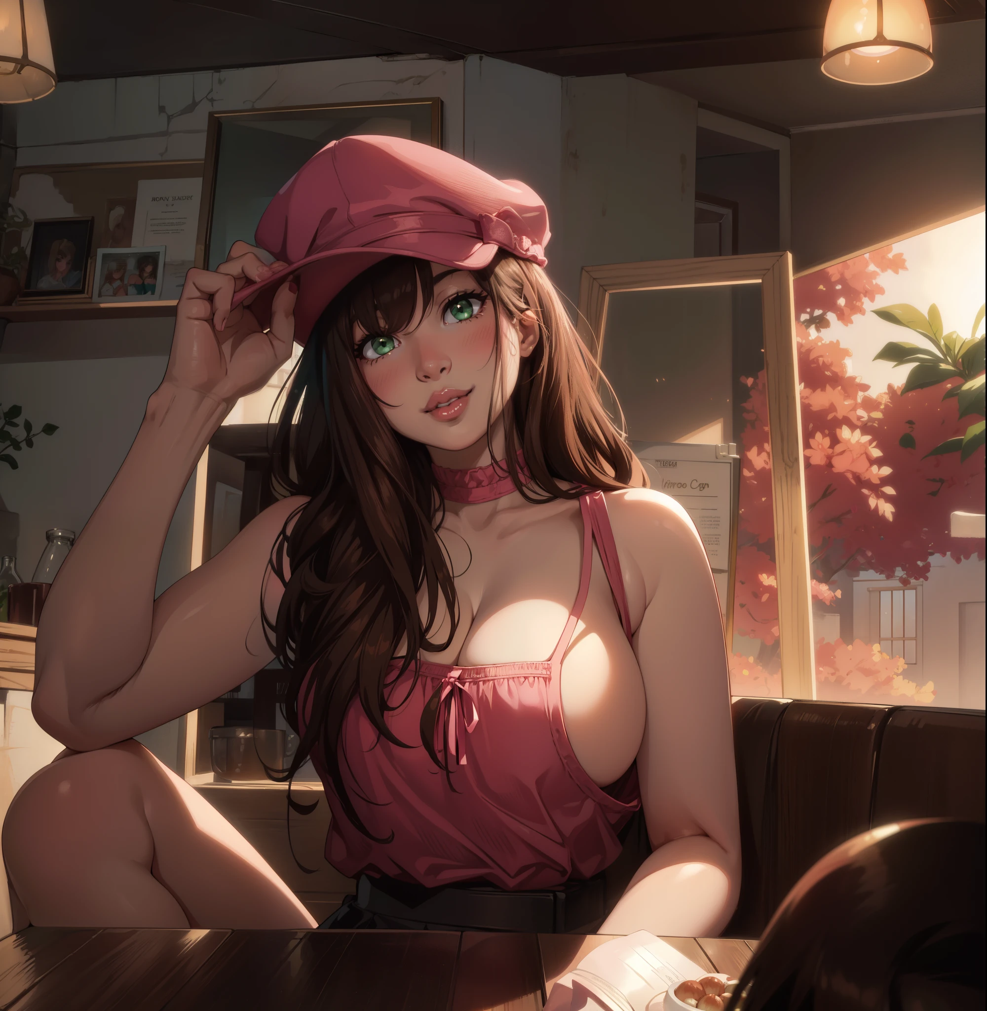 blush, smile,glowing aura, natural light, masterpiece, glossy skin, juicy lips , ,sexy, hot, evil,juicy lips hour glass, , juicy lips, , slender body, small , huge ass,smile, ultra detailed, , brown hair,green eyes, wavy hair,pink clothes, bimbo, sitting down, (no background)), holding hat