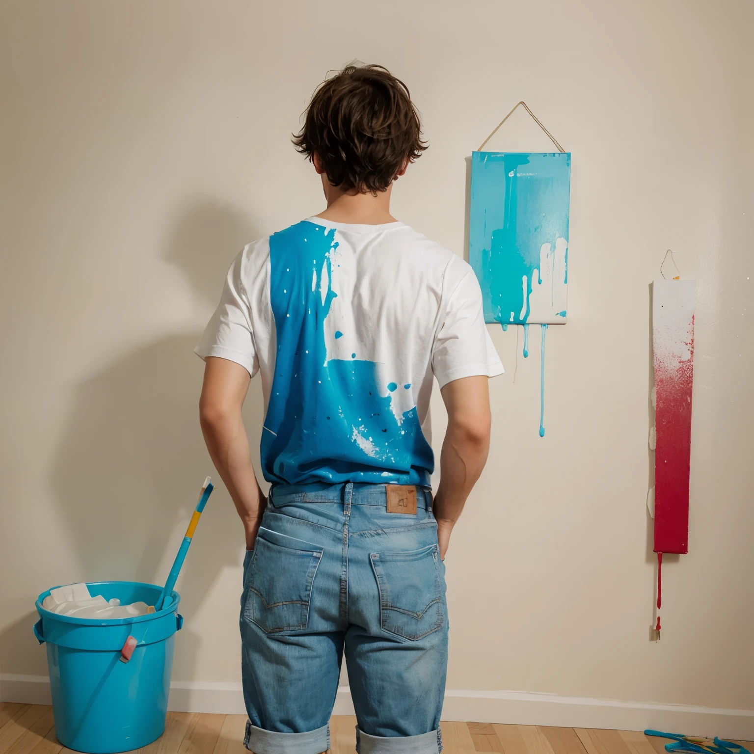 A boy stands with jum his back holding a bucket of paint. Splash paint on the wall