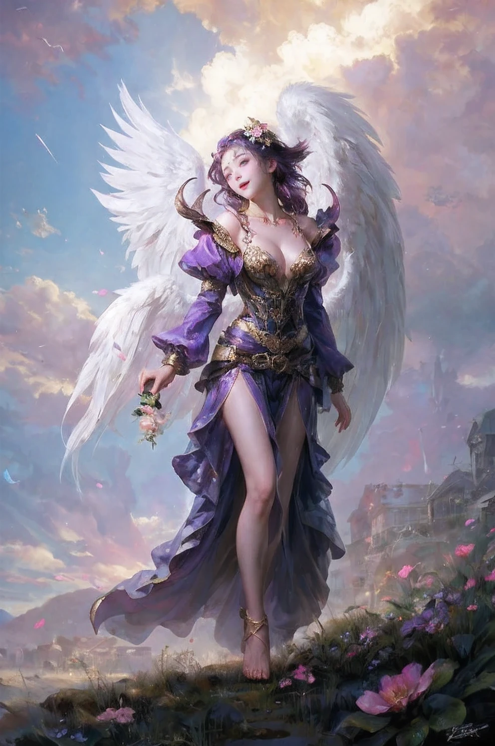 1girl, wings, solo, barefoot, flower, long hair, sky, dress, petals, outdoors, angel wings, holding, holding flower, cloud, closed eyes, feathered wings, purple hair, wind, field