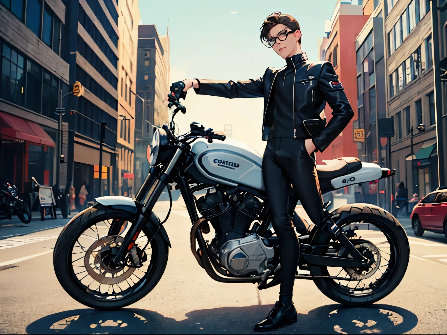 A boy in a motorcycle suit, 27years old, With blue eyes, Round glasses, Brown hair, Short hair, A haggard face,The upper part of the body, and naked(showing his full length dick), In the city.
