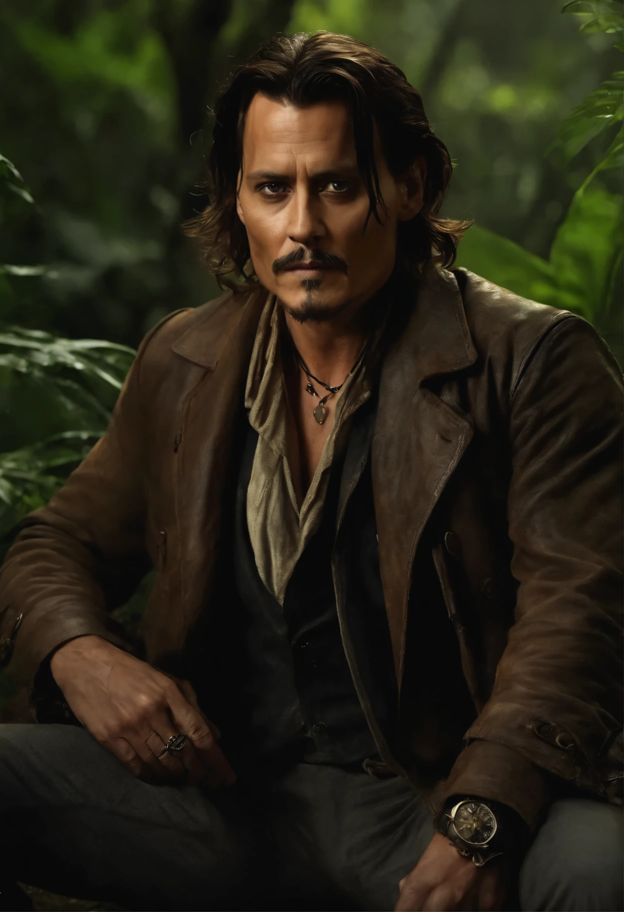 Masterpiece, Johnny Depp walks through the jungle (A Night Among Fireflies), (High detail:1 1), rough Face, Genuine Leather, high quality, NFV, Beautiful eyes, (detailed Face and eyes), (Face: 1 2), noise, Additional, real photo, PSD, photographic film with lamp, sharp focus, Contrasting lighting, detailed skin, 8K High Definition, Crazy detail, Realistic, Professional photography, 8k contract, SLR camera, Soft lighting, high quality, granularity, Фуджифильм XT3