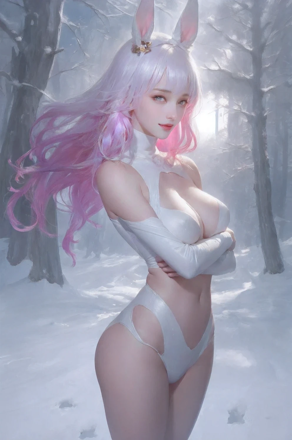 a woman in bunny ears is posing for a picture by L Ji, trending on cg society, plasticien, very long snow colored hair, skinny waist and thick hips, (strong and toned abs), ((beautiful woman)), wearing turtleneck, very pale white skin, in snow, feminine and muscular, (natural breasts:1.5), (big butt), smiling