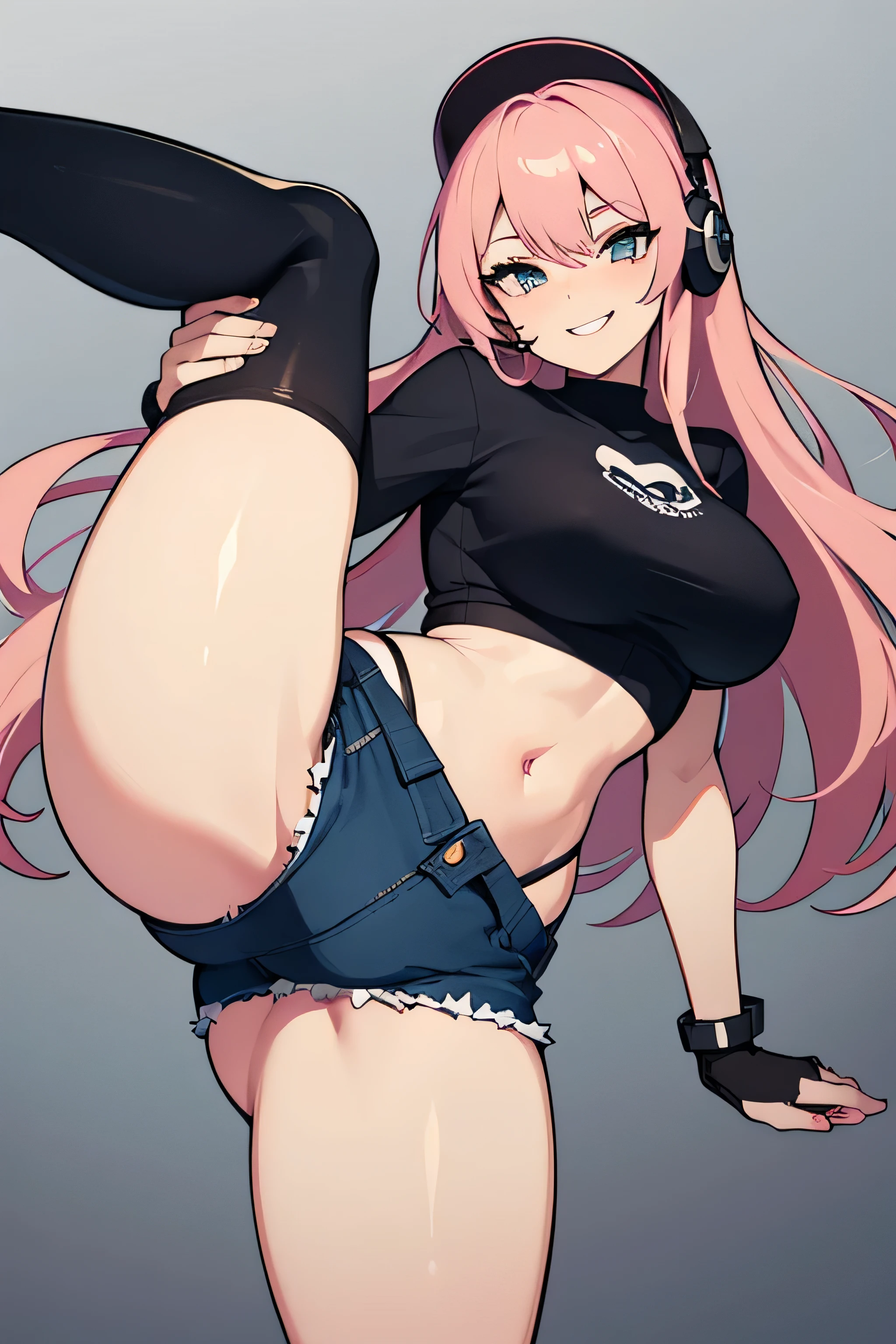Beautiful 20 year old woman standing on one leg, lifting her other leg up, kicking position, mischievous smile, crotch visible, big breasts, slim waist, thick thighs, long pink hair, wearing headset, tight white crop top, jeans shorts, black see through stockings, nylon stockings, military boots, 2 arms, 2 legs